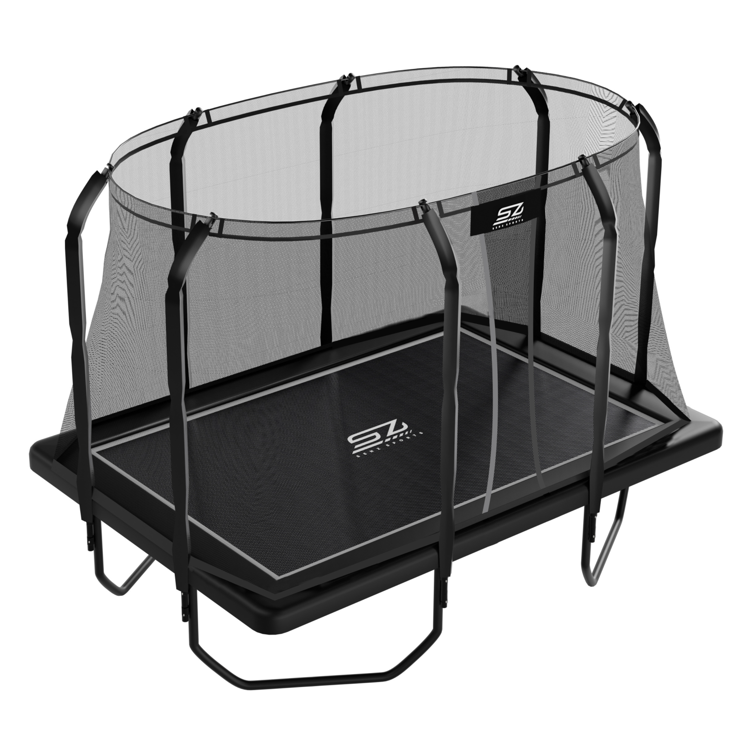 Een rechthoekige zwarte trampoline met veiligheidsnet en zilveren accenten.