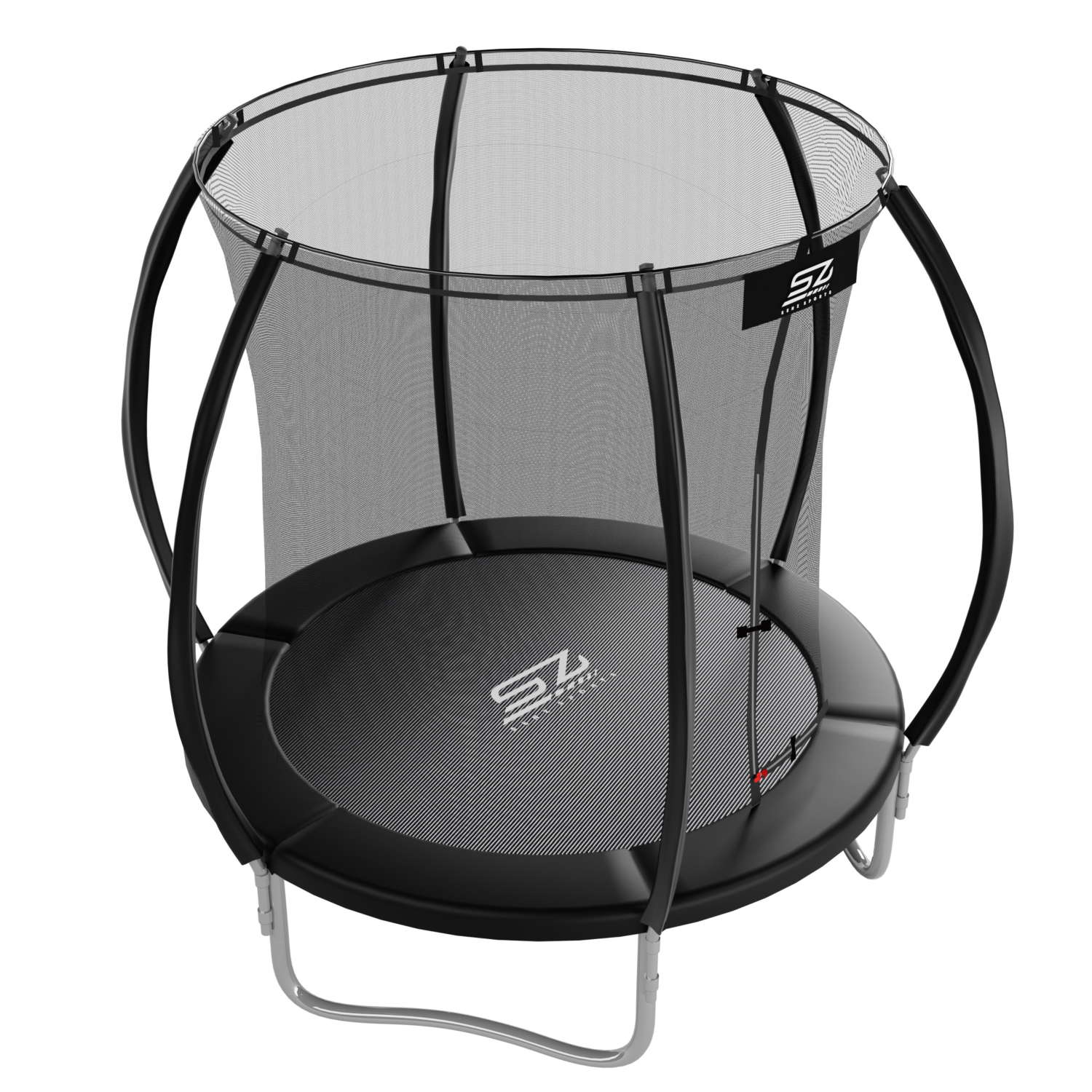 Zwarte trampoline met veiligheidsnet en handgrepen, witte achtergrond