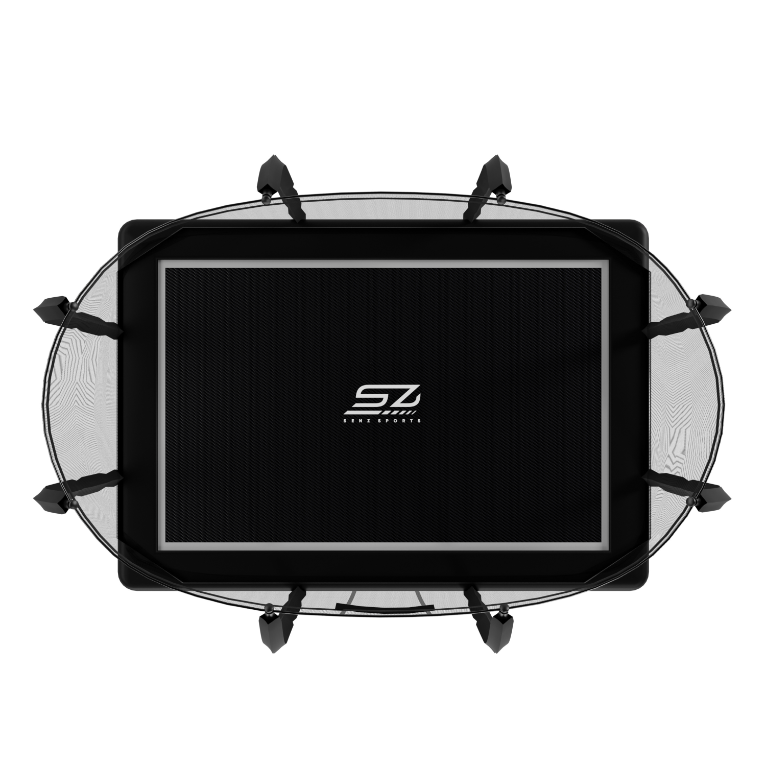 Een rechthoekige trampoline met zwarte mat en veiligheidsnet.