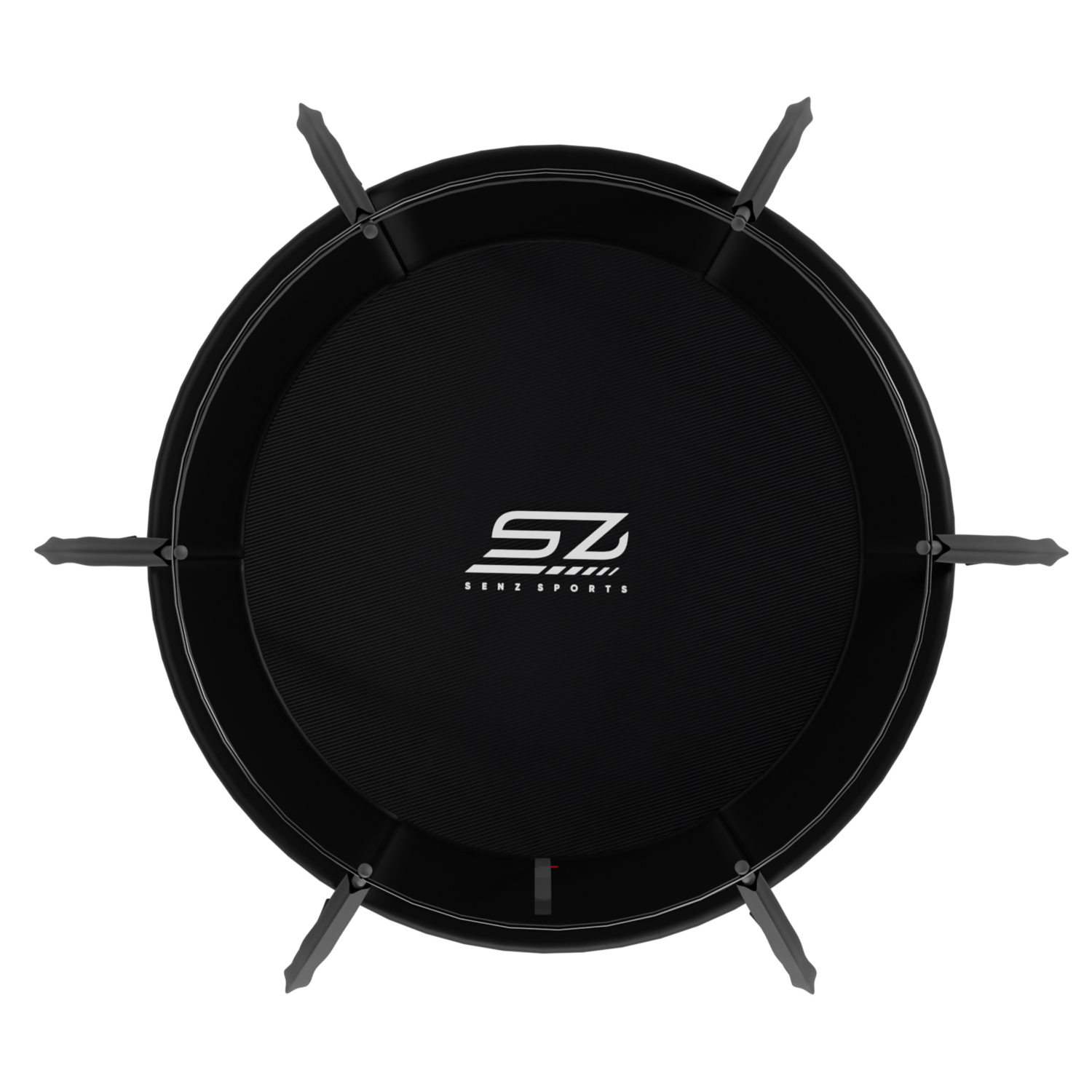 Zwarte ronde mat met grijze spikes en wit logo. Bovenaanzicht.