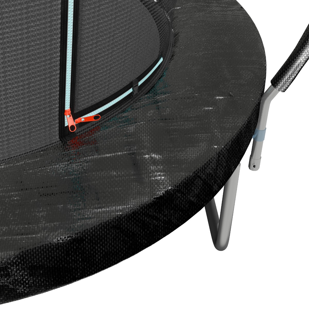 Close-up van een trampoline met open rits en handvat.