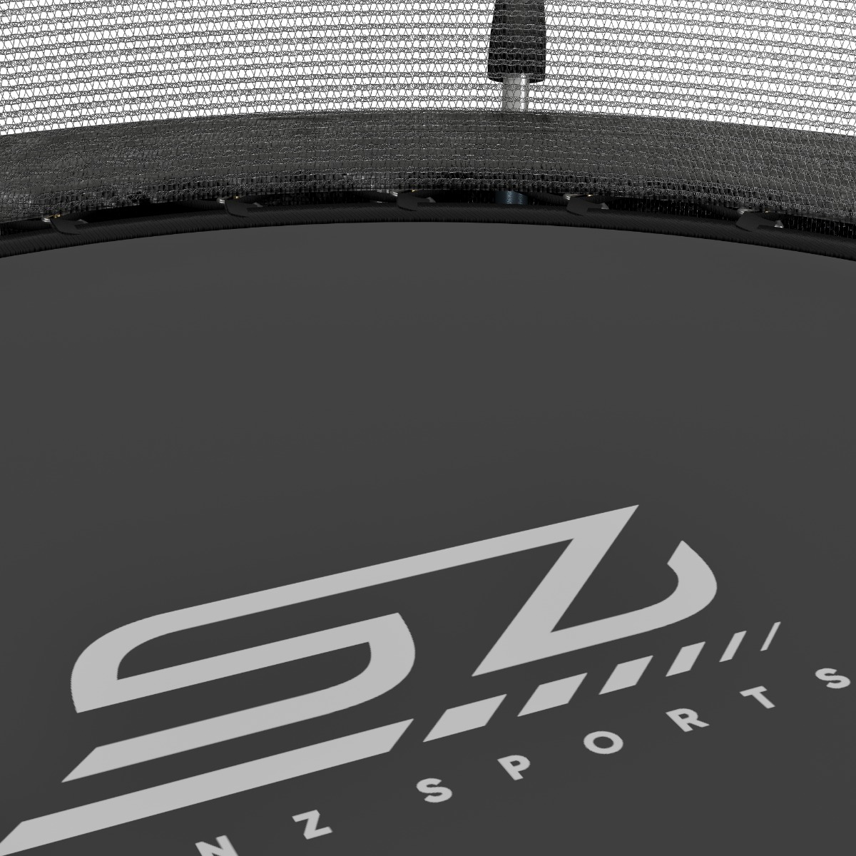 Close-up van een trampoline met het SZ SPORTS logo.
