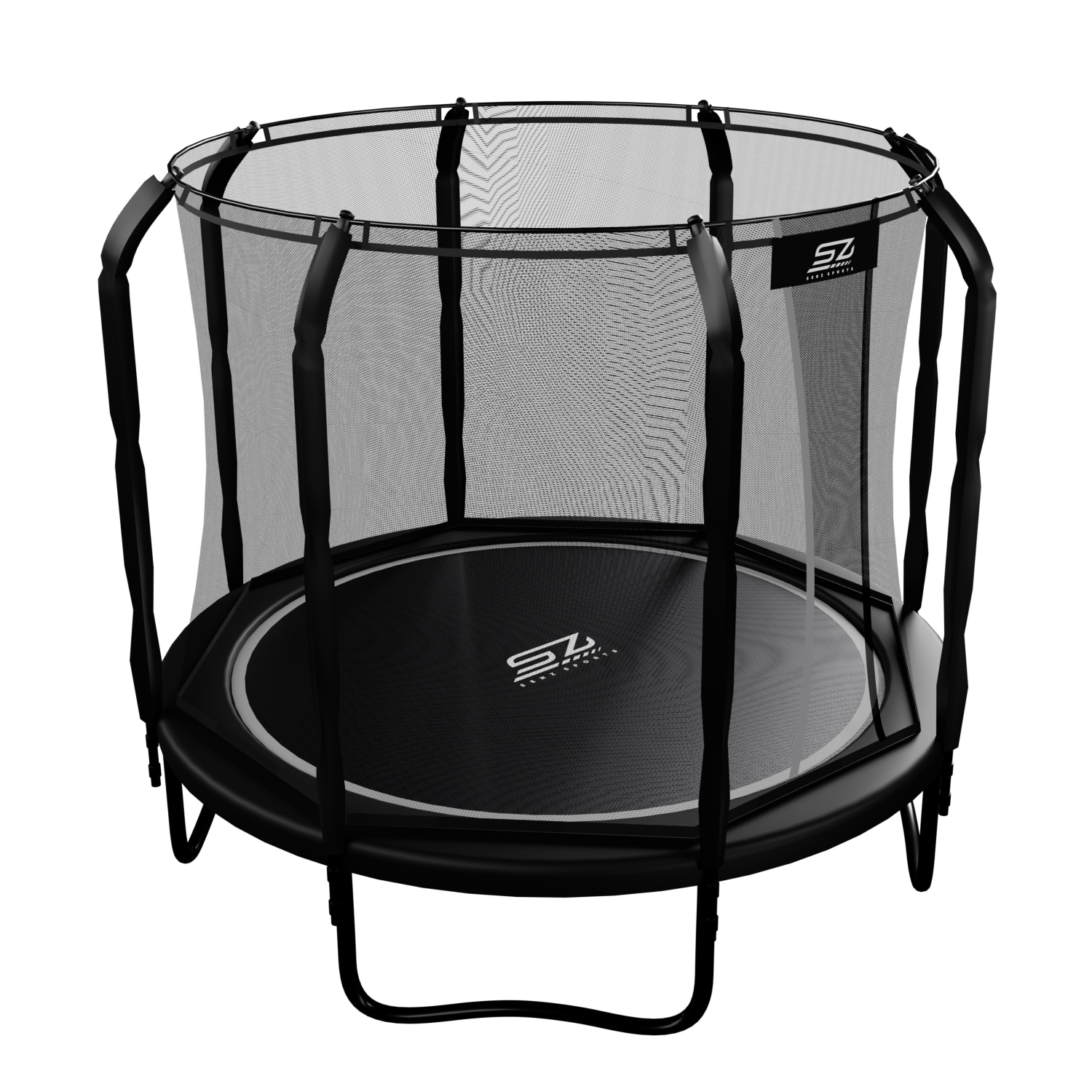 Een ronde zwarte trampoline met veiligheidsnet en logo.