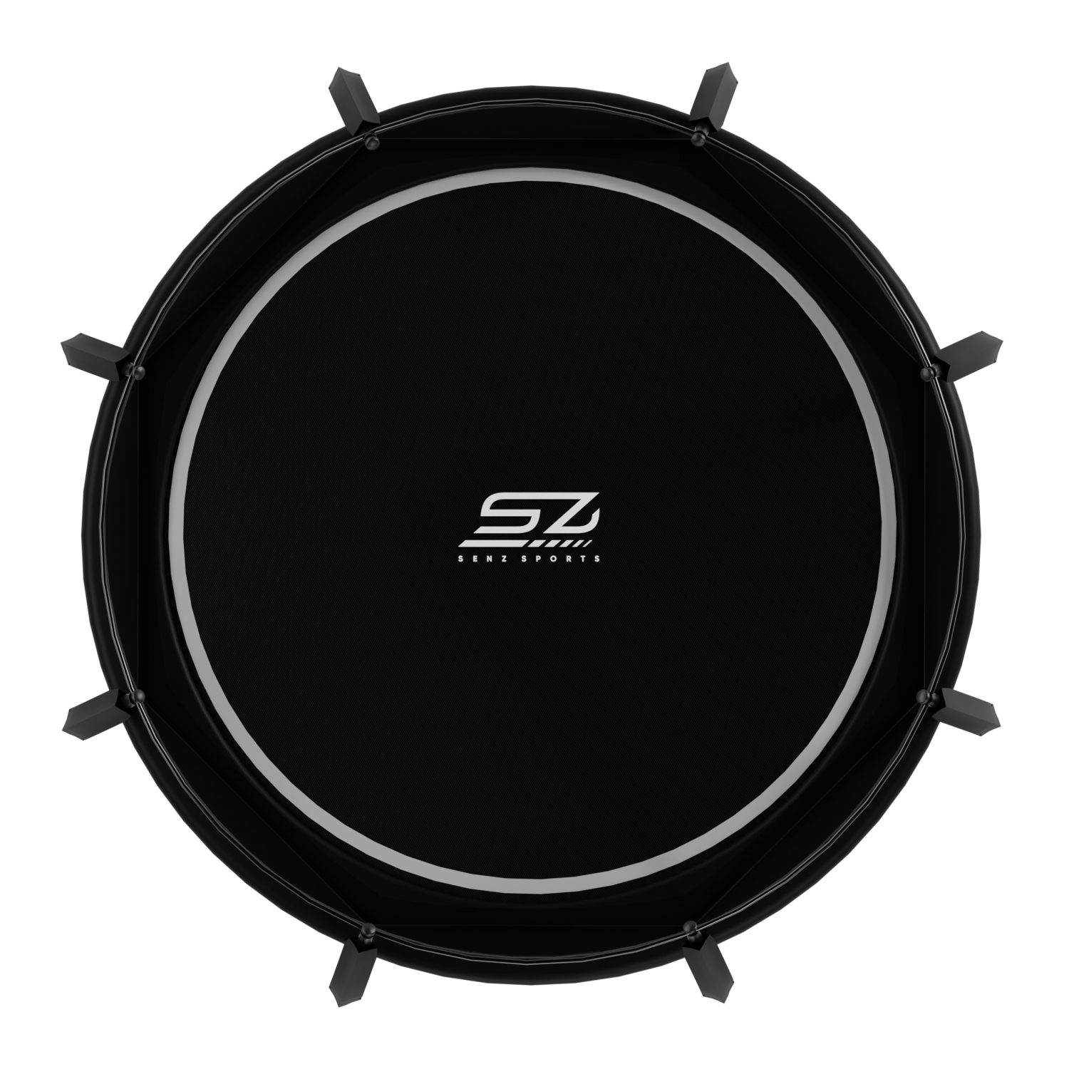Zwart rond trampolineframe met SZ-logo en acht spaken.