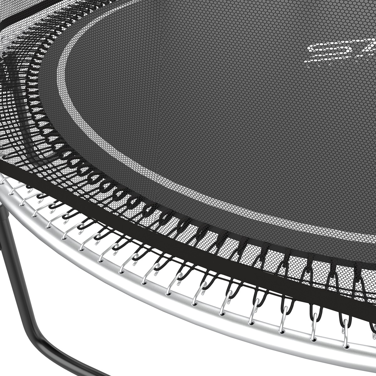 Een close-up van een trampolinemat met zilveren veren en een zwart frame.
