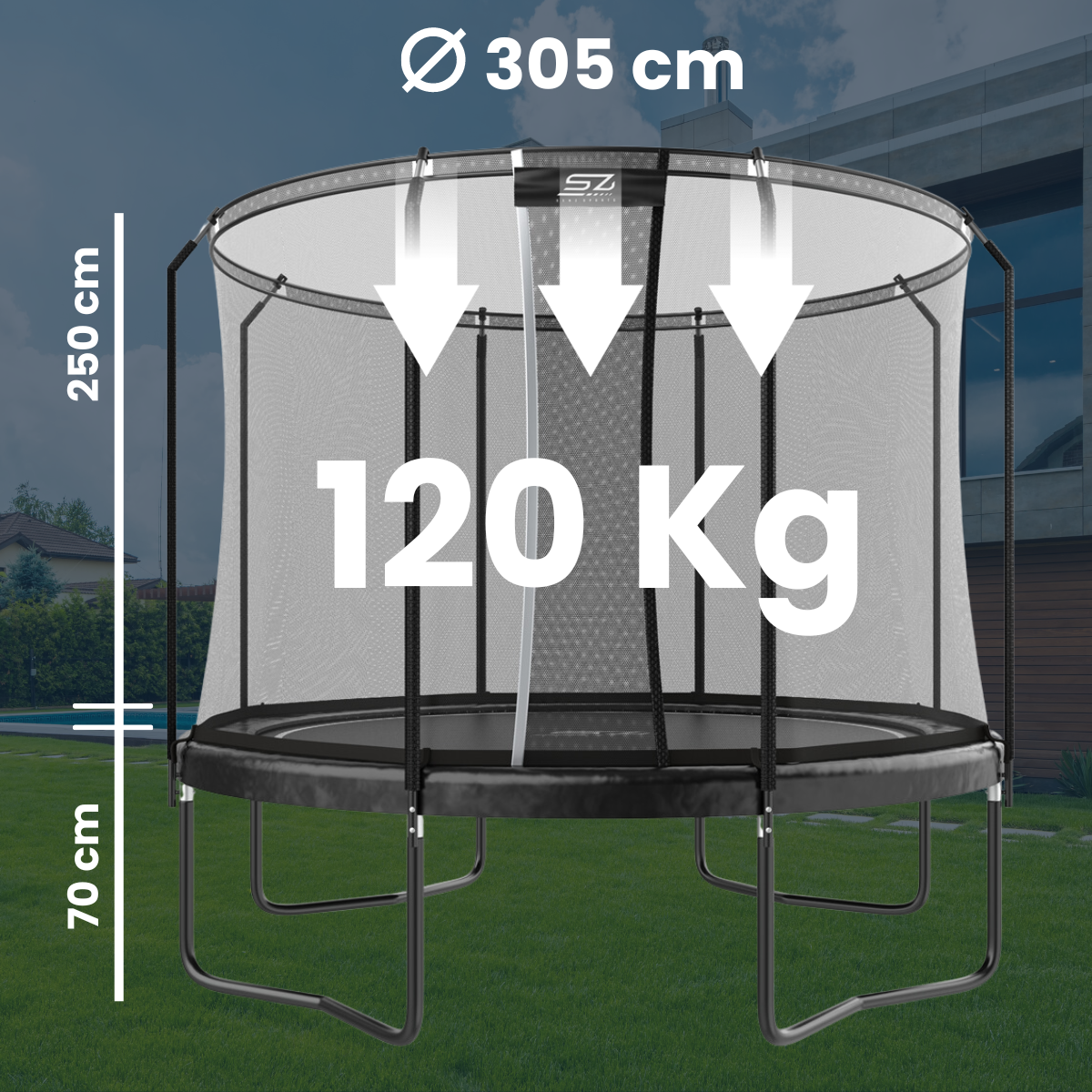 Trampoline 305cm Ø, 250cm H, 70cm hoogte, 120kg max.