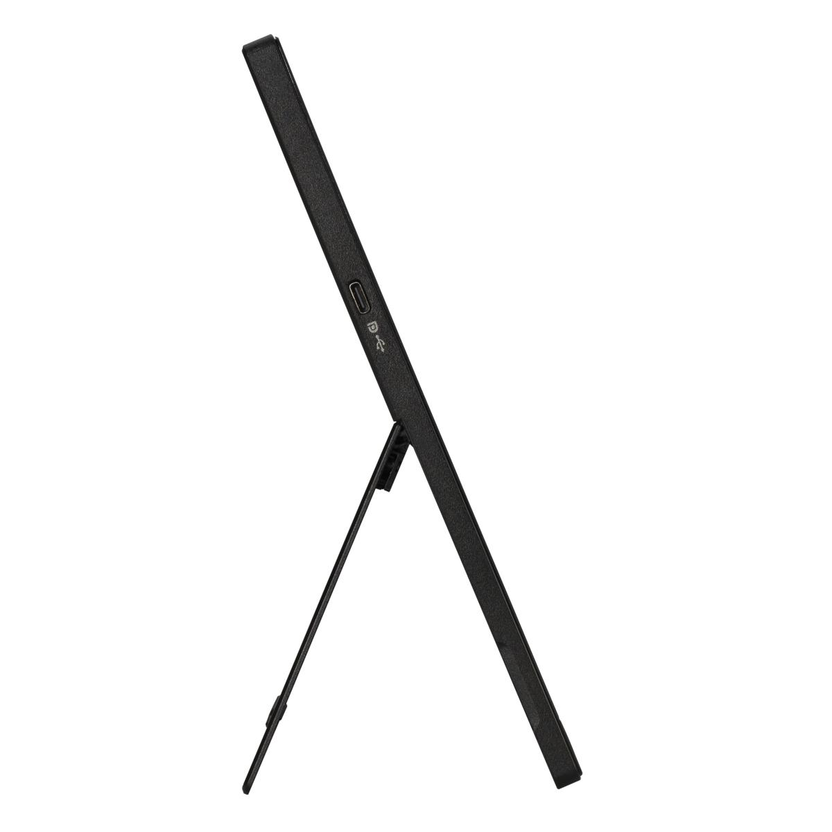 Czarny tablet z podpórką i portem USB, widok z profilu.