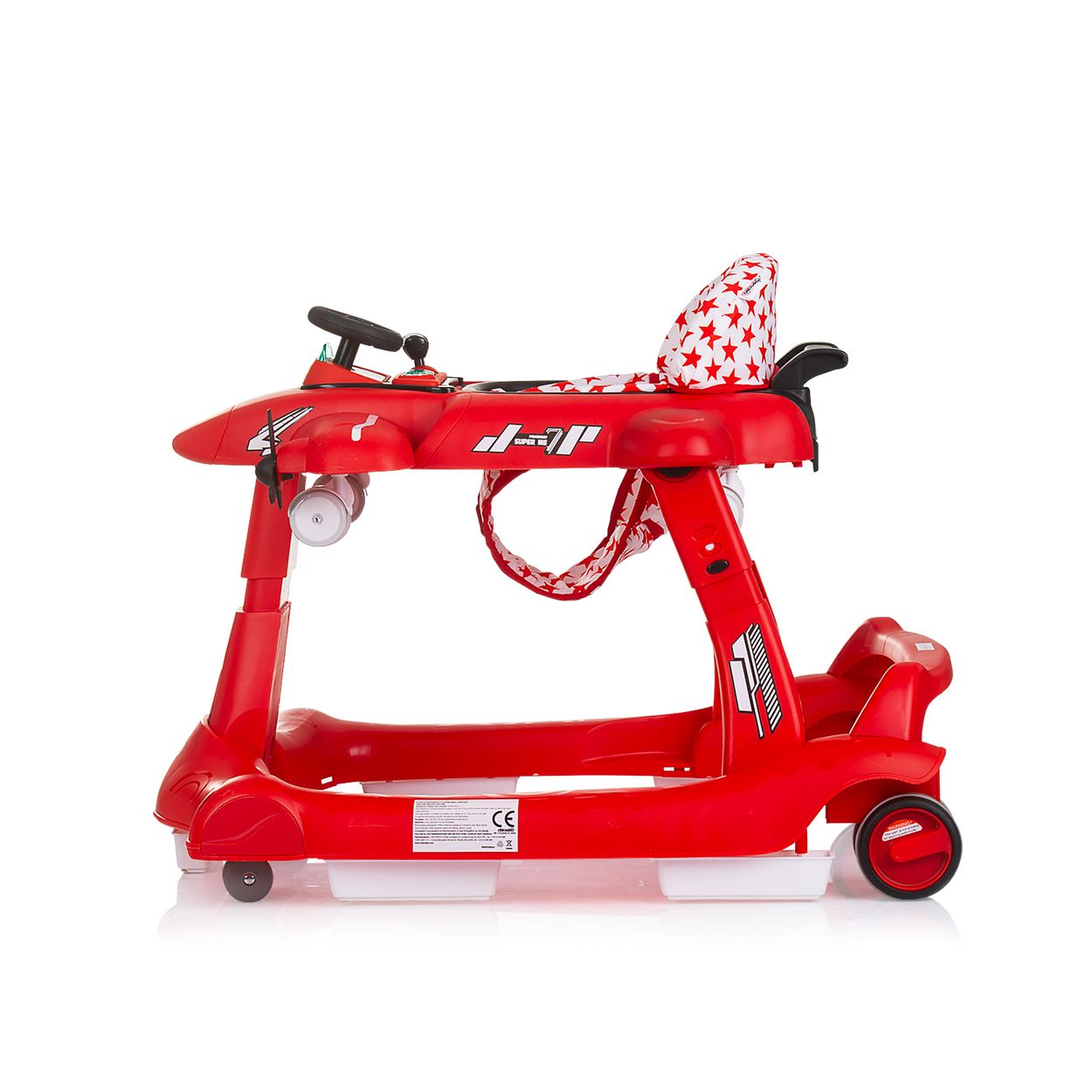 Roter Spielzeug-Gehwagen mit Sternenmuster und Lenkrad.