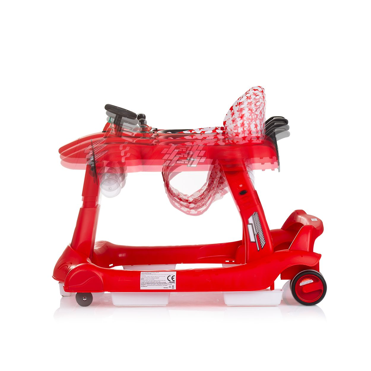 Ein roter Kinderwagen mit Sternenmuster, einem Lenkrad und Rädern.