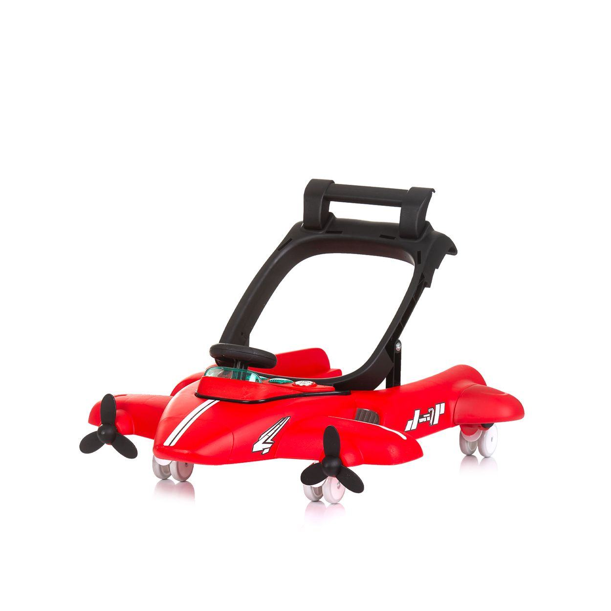 Ein rotes Kinderflugzeug-Laufauto mit schwarzen Propellern und weißer Zierleiste.