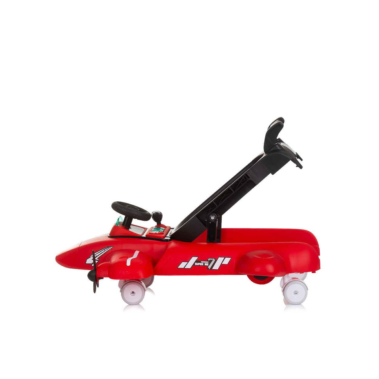 Ein rotes Kinderfahrzeug mit Propeller vorne und Lenkrad.