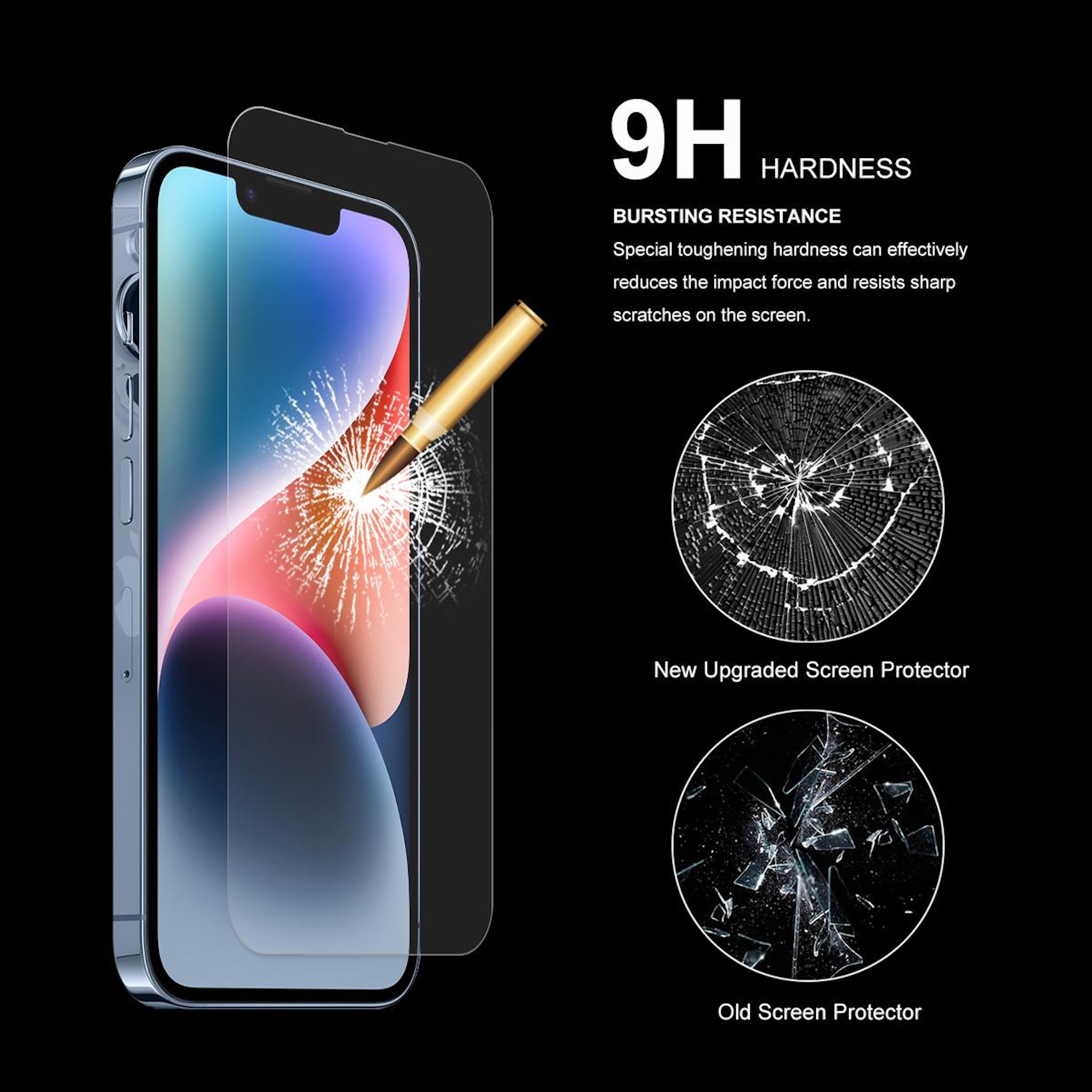 Uno smartphone con protezione schermo colpito da uno stilo dorato.