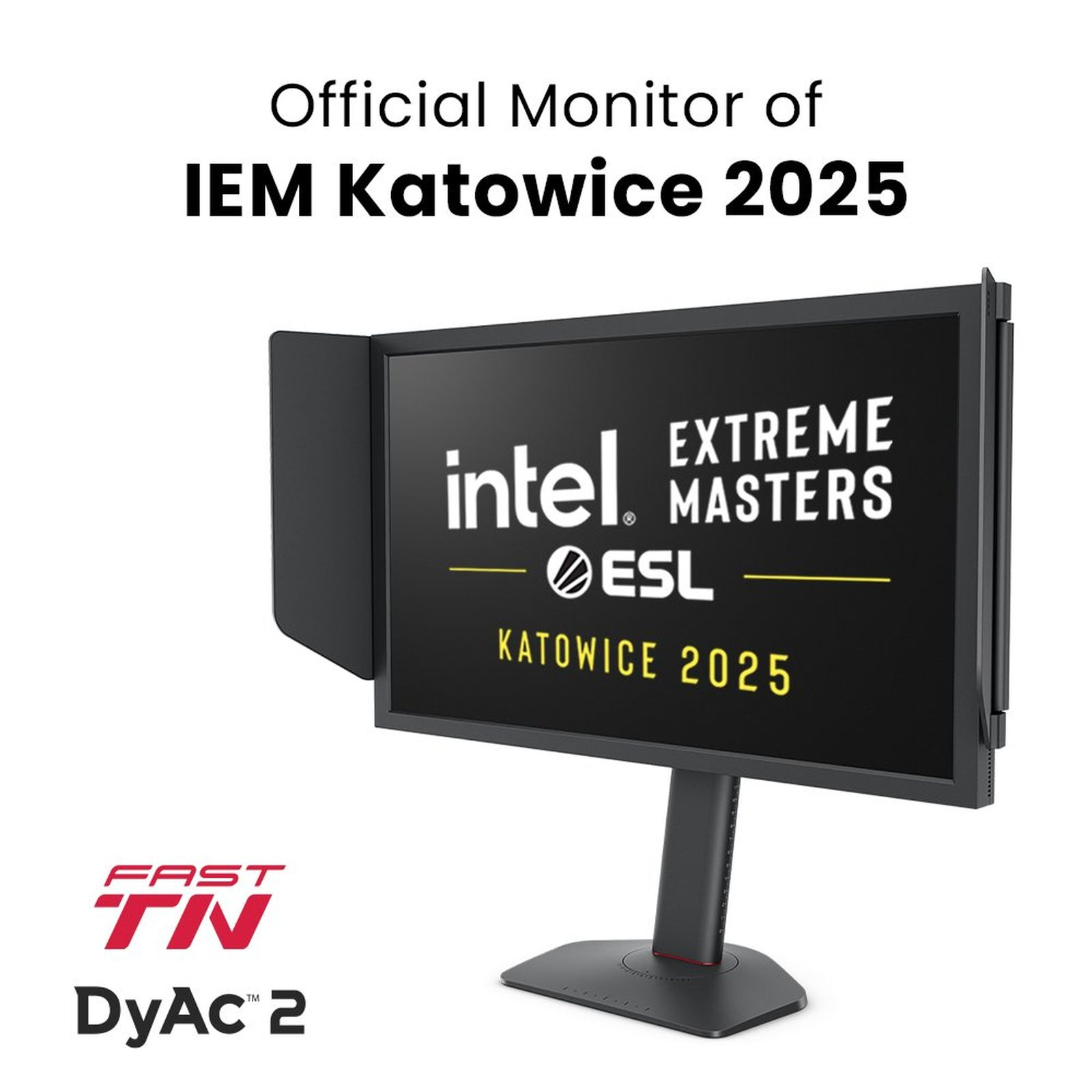 Un moniteur fait la publicité d'IEM Katowice 2025, avec les logos Intel et ESL.