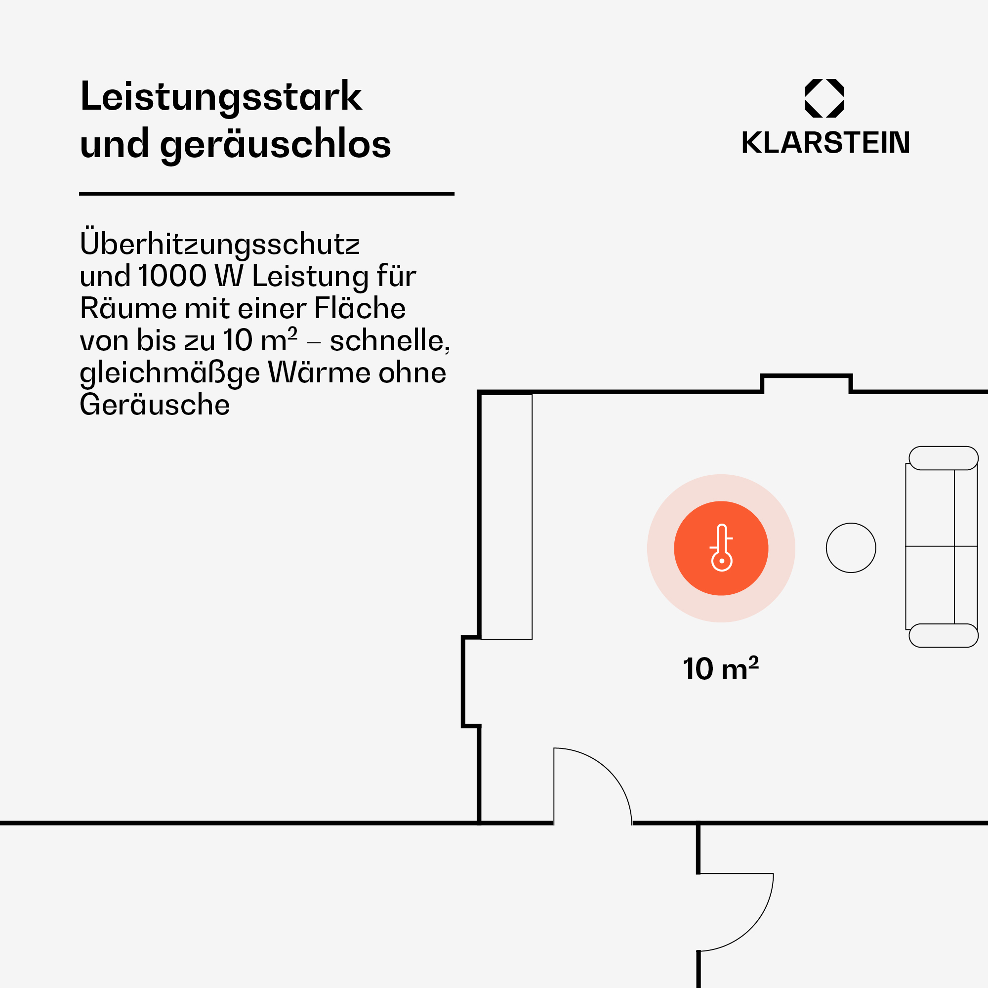 Grundriss mit Heizungssymbol, Thermometer und Sofa-Symbol für 10m².