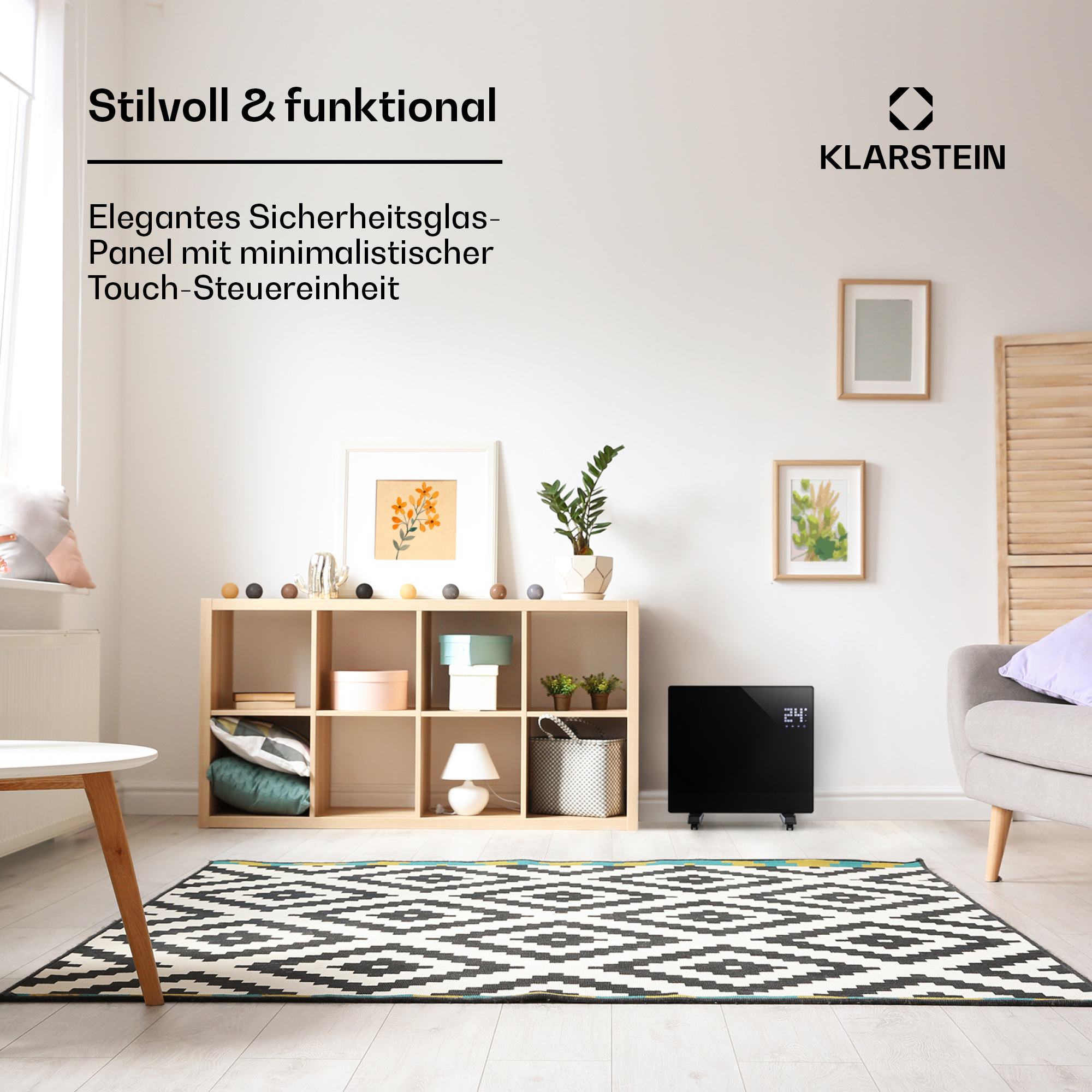 Ein schwarzer Heizkörper steht auf einem Teppich mit geometrischem Muster.