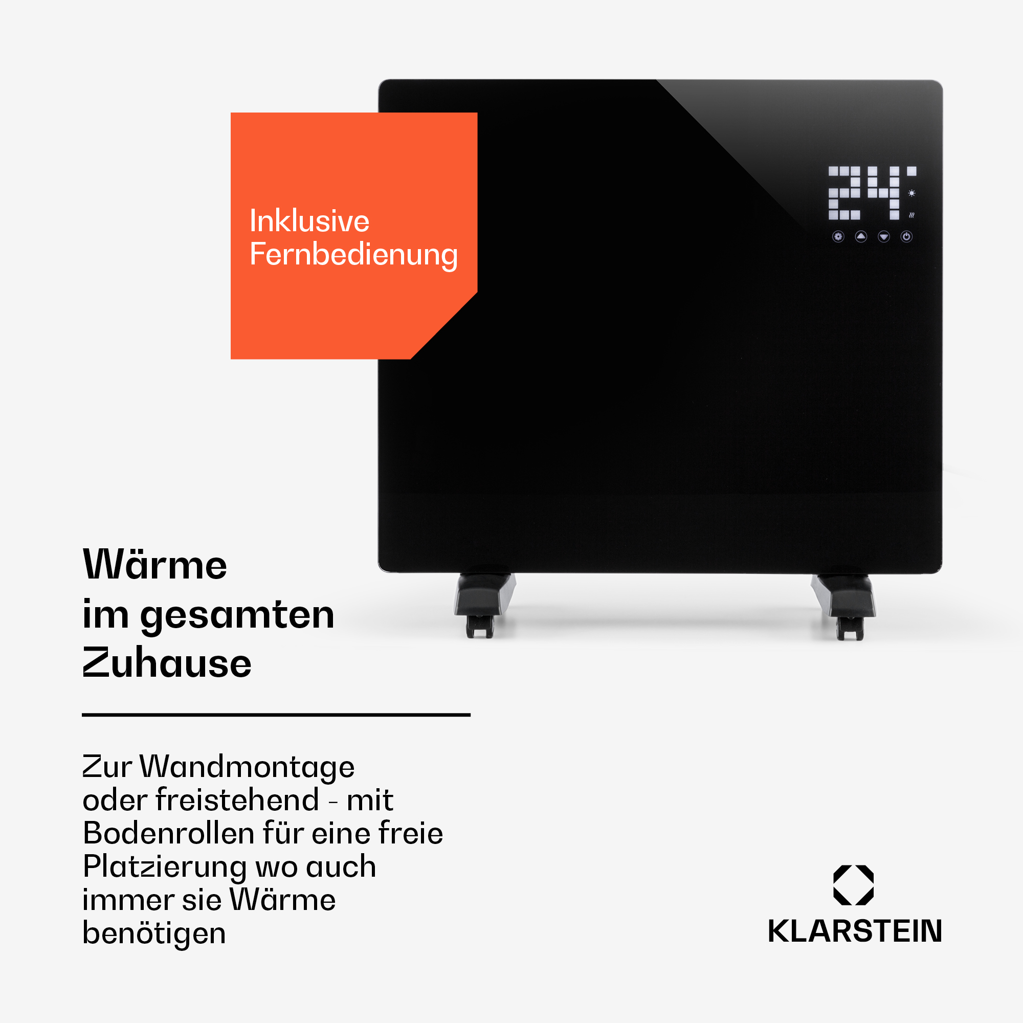 Schwarzer Heizlüfter mit digitaler Anzeige (24°) und Fernbedienung.