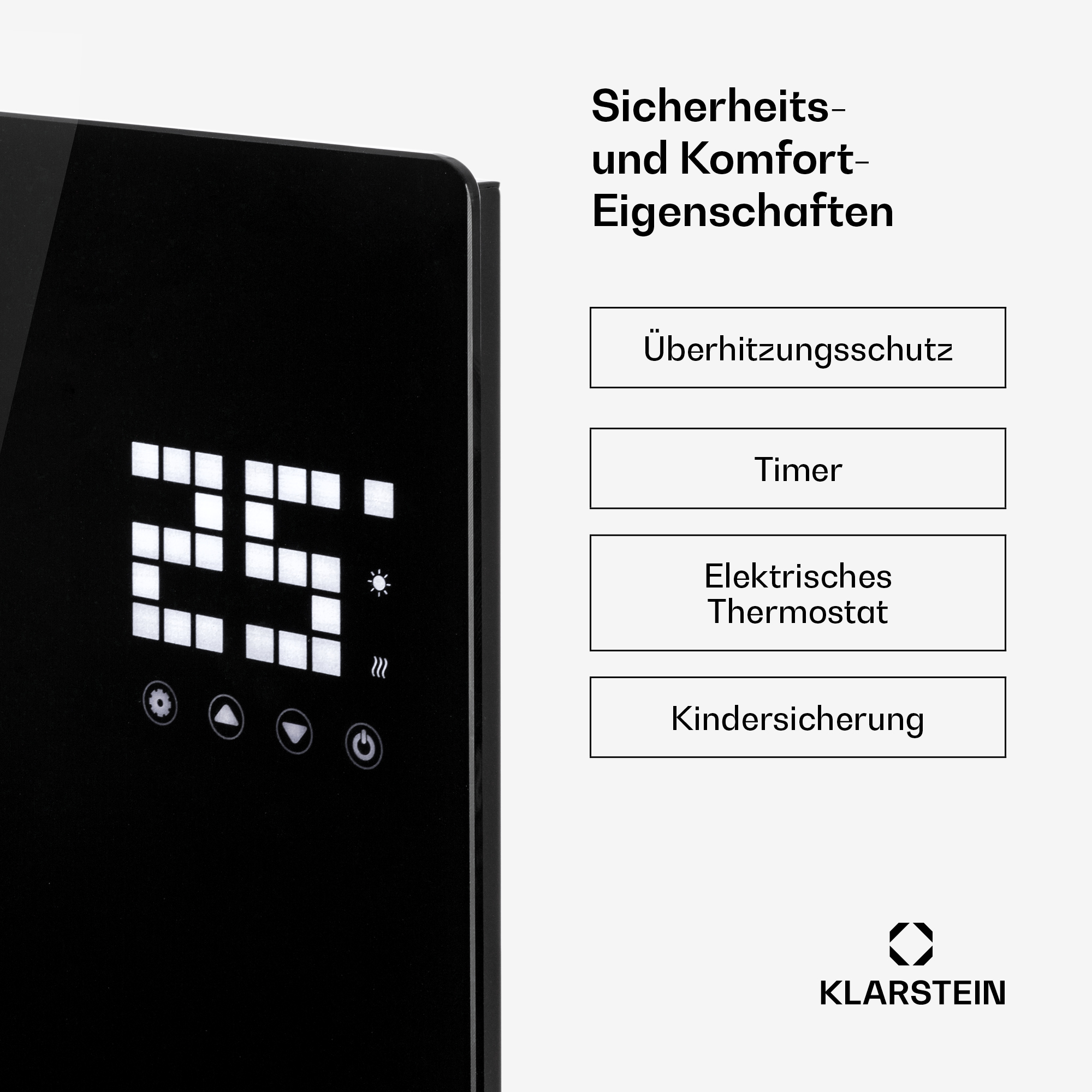 Schwarzes Bedienfeld mit digitaler Anzeige 25, Symbolen und Textoptionen.
