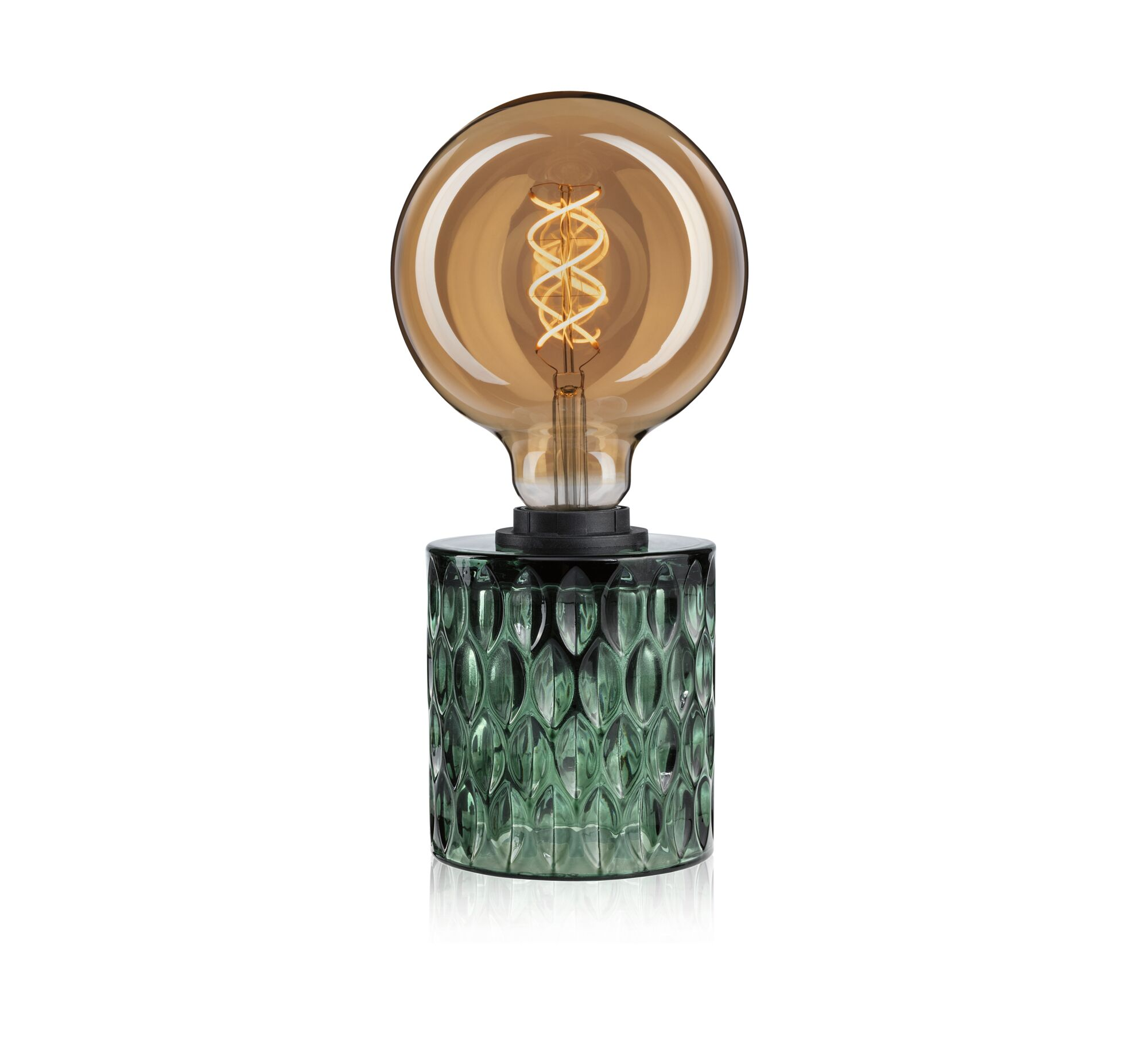 Zielona szklana lampa z bursztynową żarówką i widocznym żarnikiem.