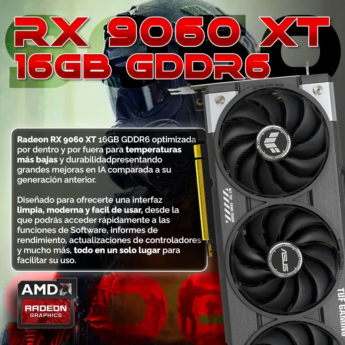 Tarjeta gráfica Radeon RX 9060 XT 16GB GDDR6 con tres ventiladores y logo AMD.