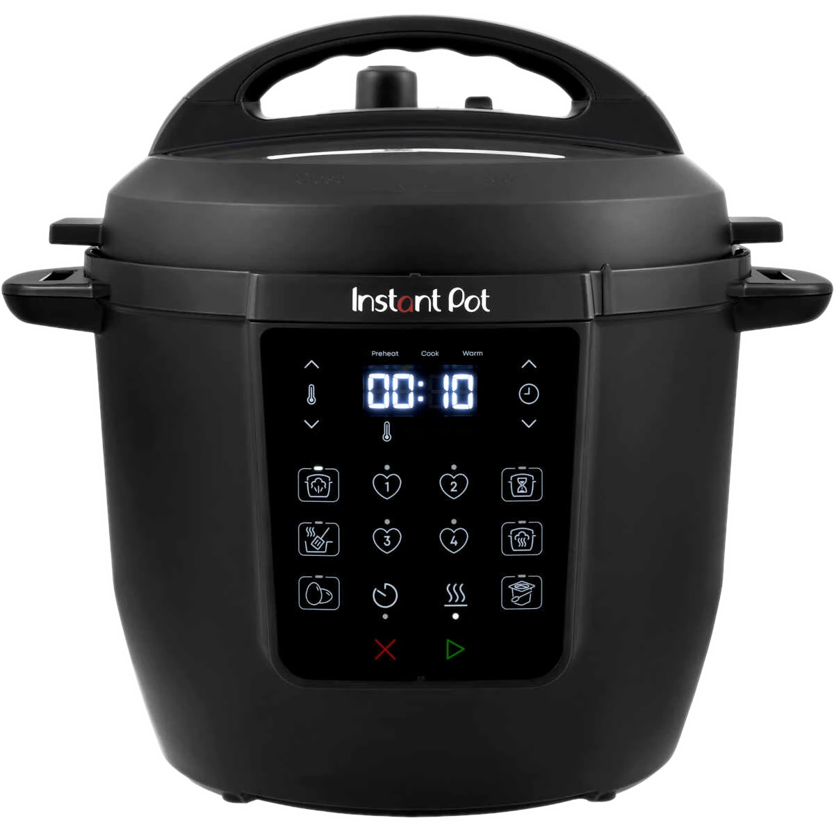 Czarny Instant Pot z cyfrowym wyświetlaczem pokazującym 00:10.