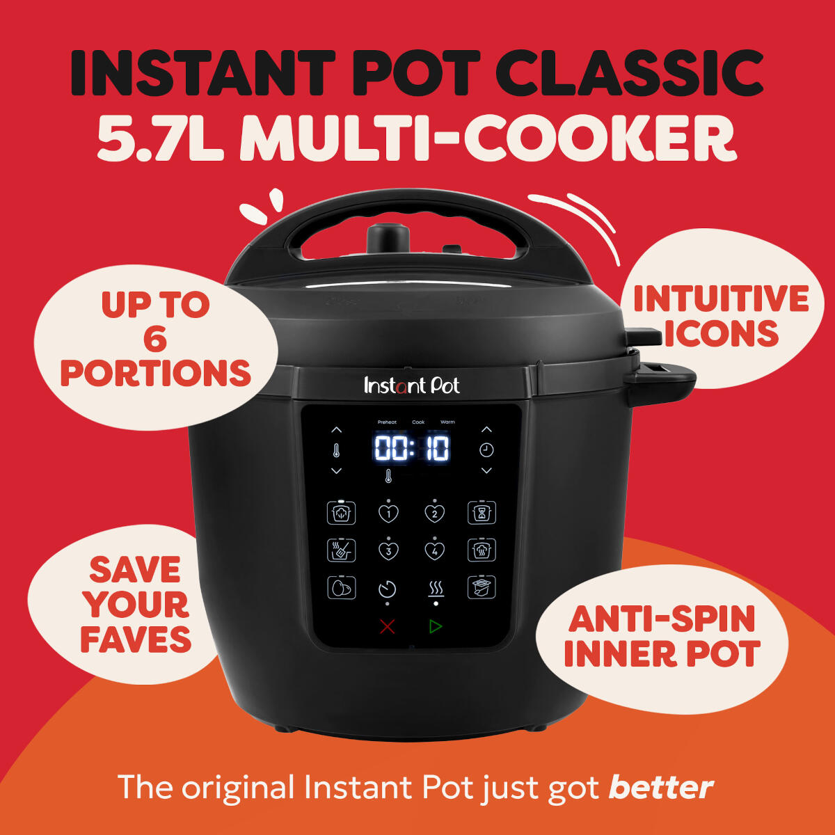 Czarny Instant Pot z cyfrowym wyświetlaczem i dymkami podkreślającymi funkcje.