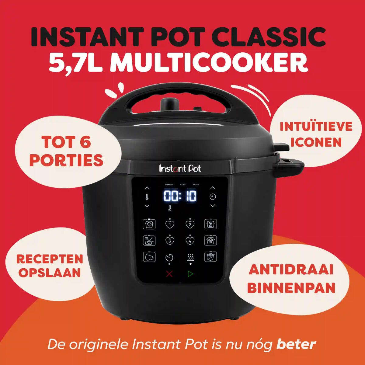 Czarny multicooker Instant Pot Classic 5,7L z cyfrowym wyświetlaczem. Funkcje obejmują ikony i tekst.