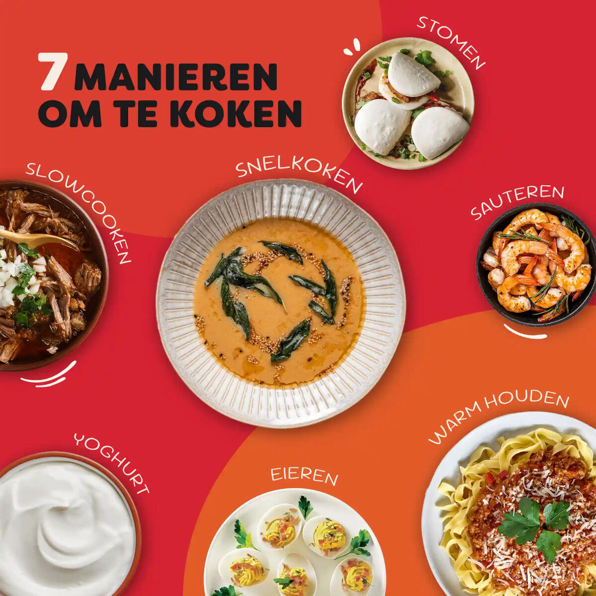 Siedem metod gotowania: gulasz, zupa, bao, krewetki, makaron, jogurt, jajka.