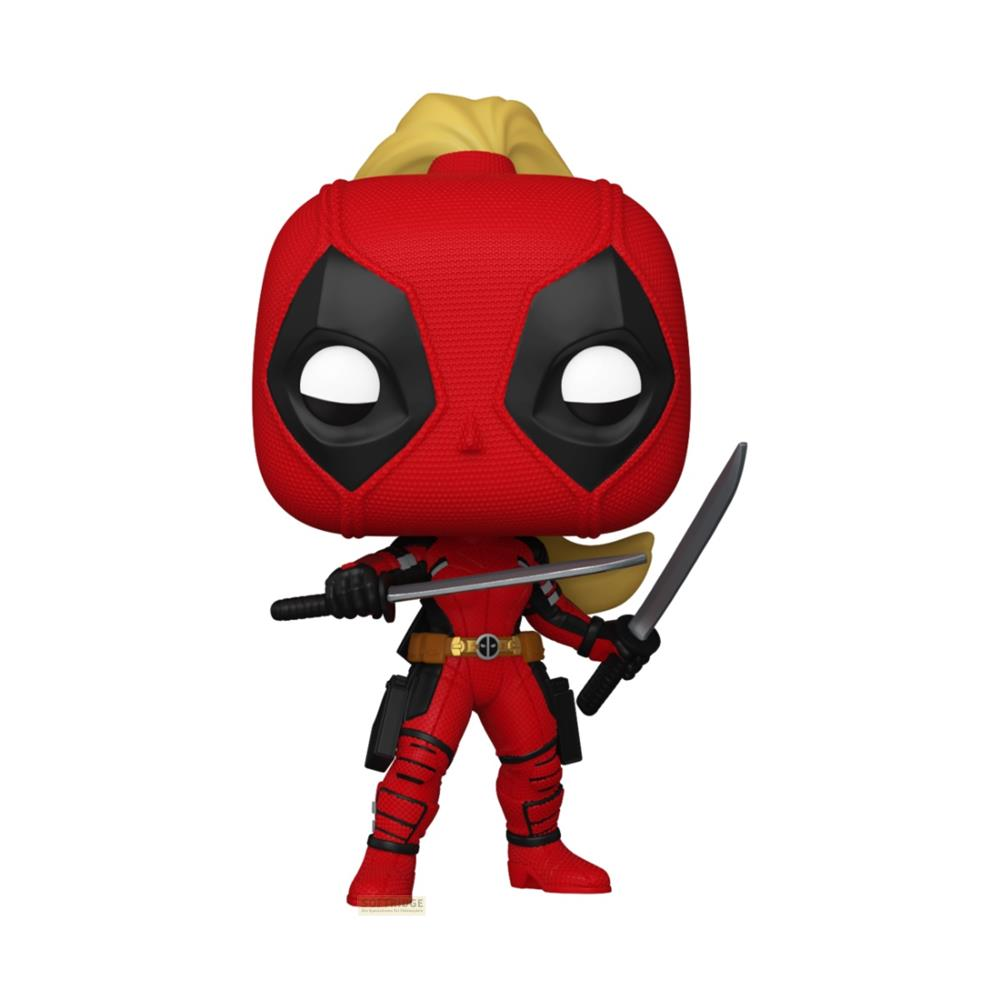 Una figura rossa di Deadpool con due spade e capelli biondi.