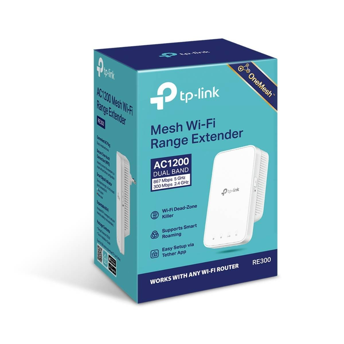 TP-Link AC1200 Mesh Wi-Fi Range Extender RE300 Verpackung, zeigt Gerät und Funktionen.