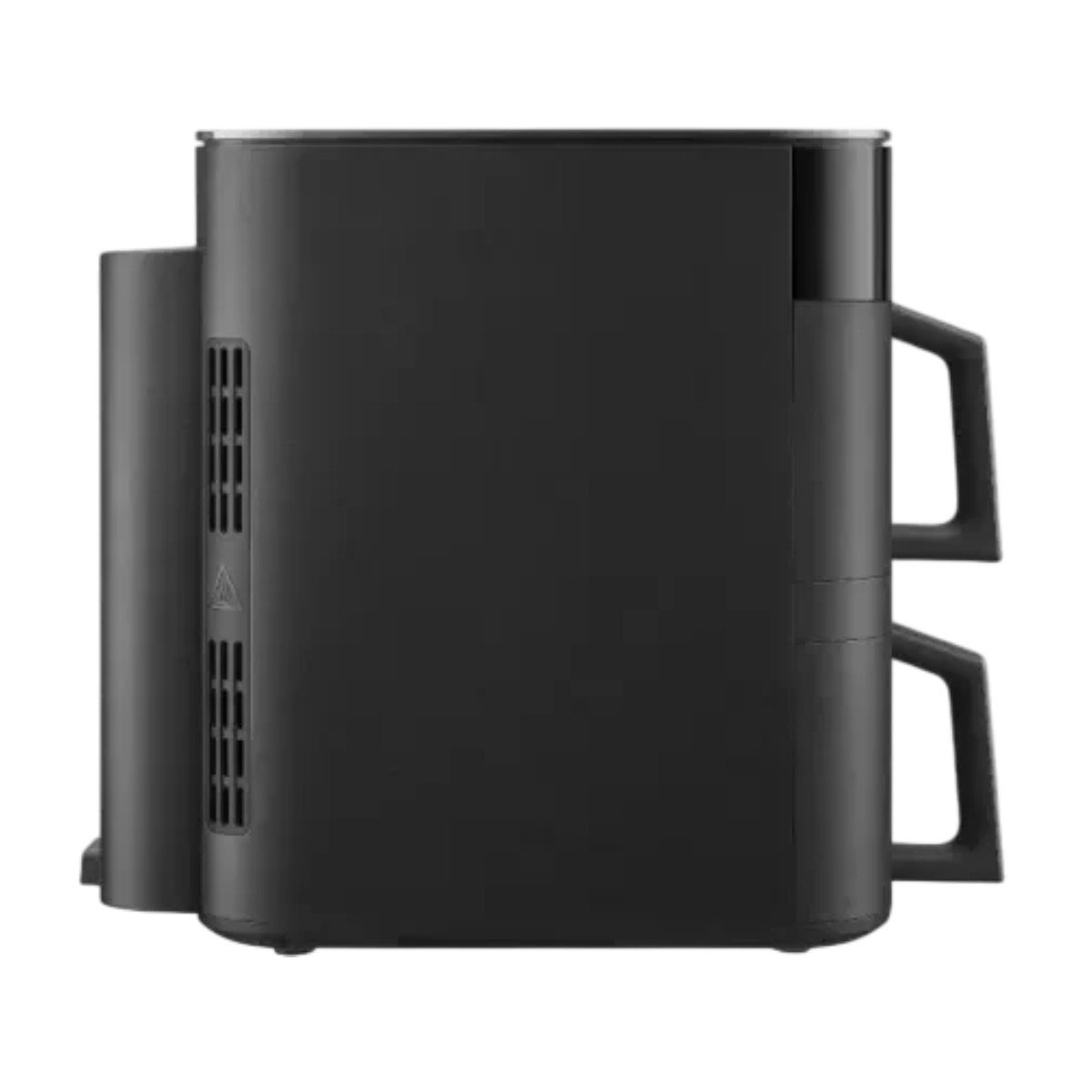 Czarny, prostokątny ekspres do kawy z widokiem z boku, z uchwytami i otworami wentylacyjnymi.