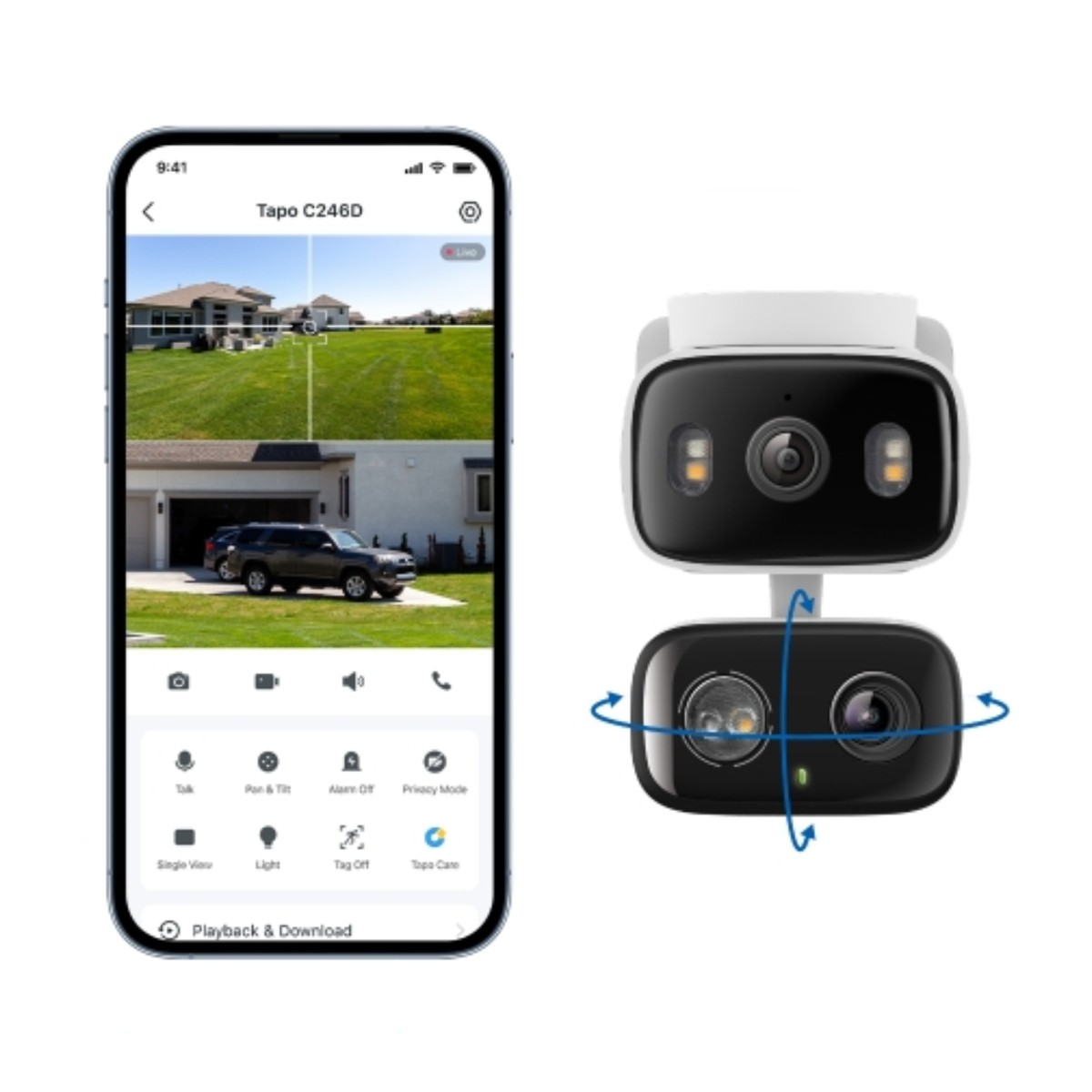 Ekran smartfona z aplikacją kamery bezpieczeństwa obok dwóch kamer.