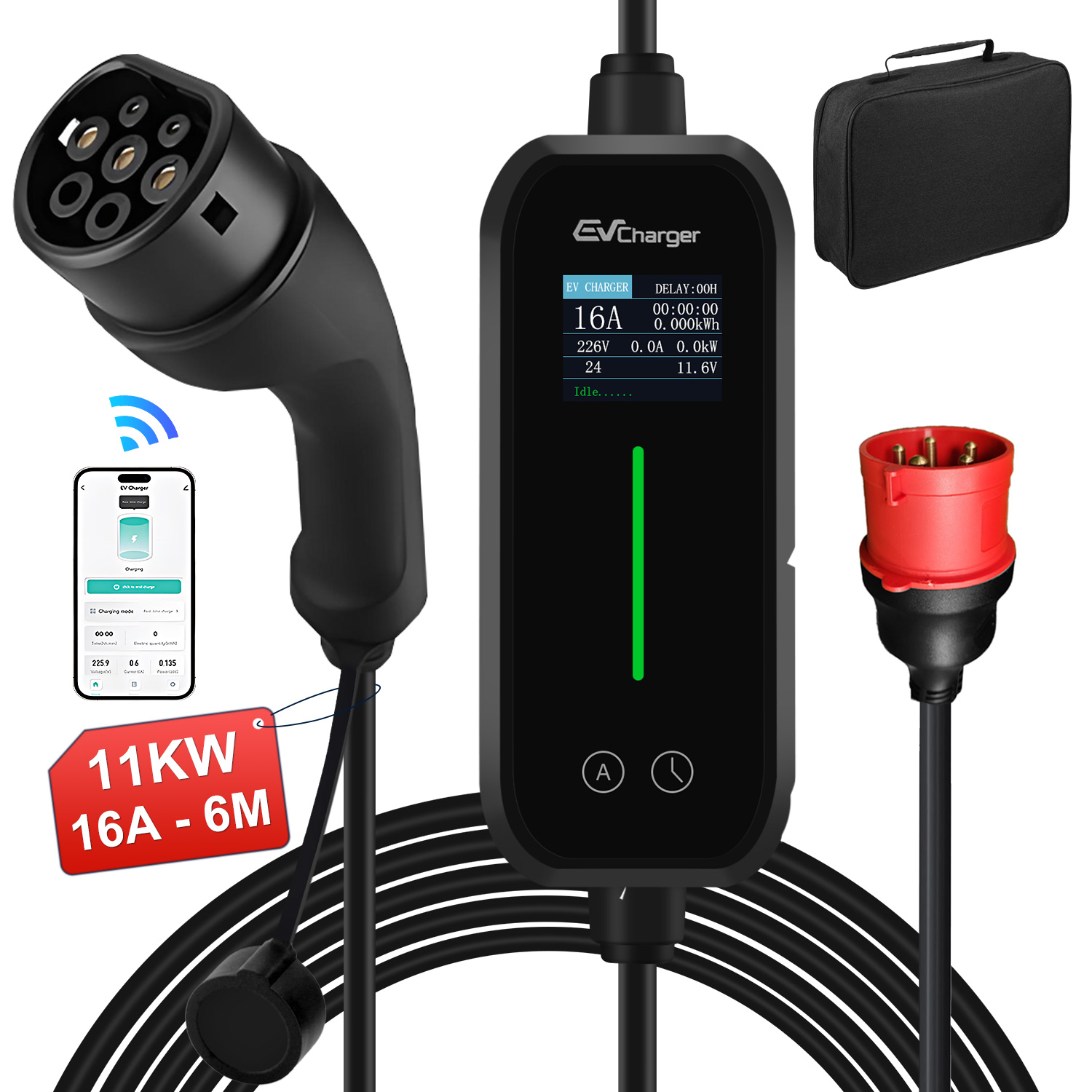 Ładowarka EV z kablem, wtyczką, czerwonym adapterem i torbą.