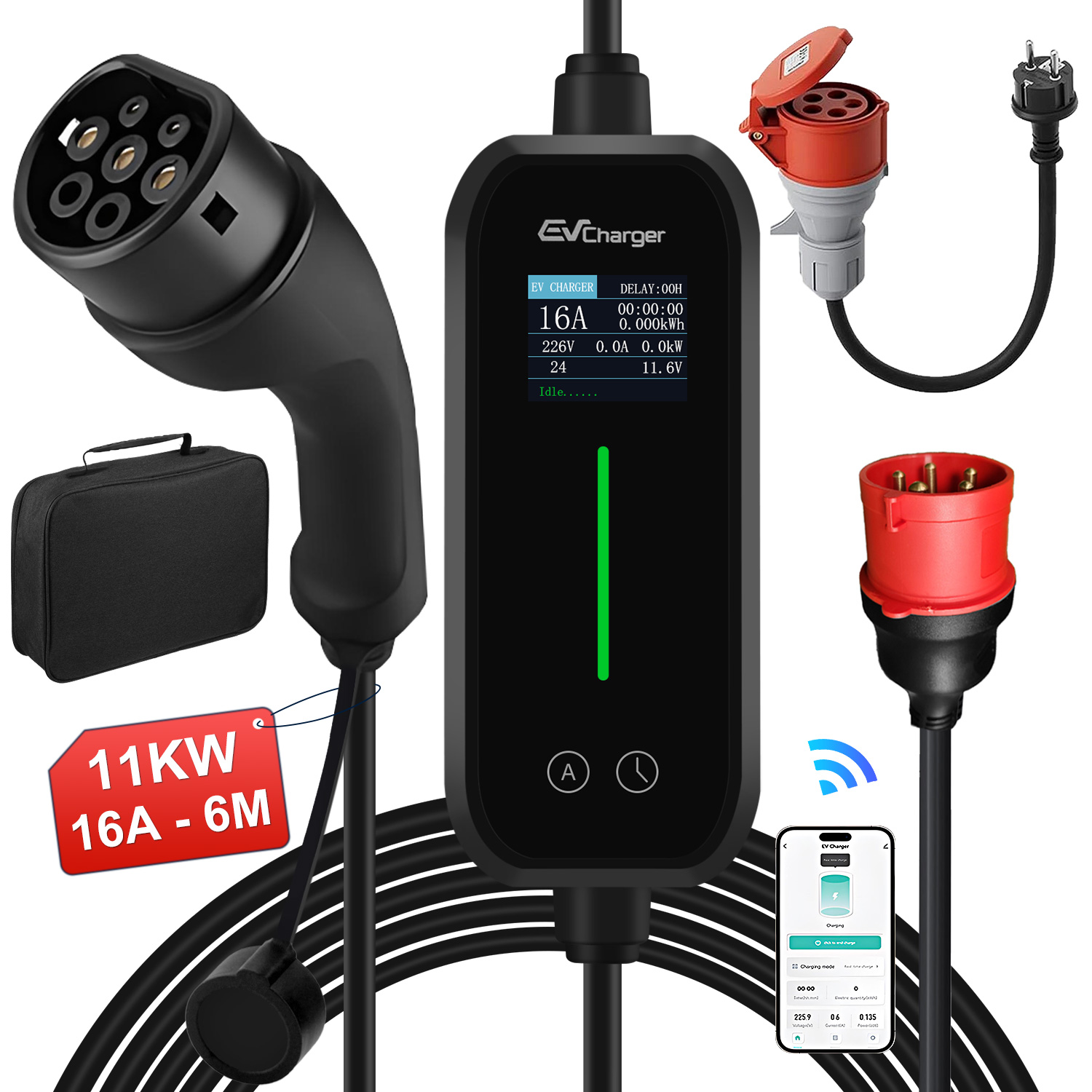 Ładowarka EV z kablem, wtyczką, torbą i wyświetlaczem. 11kW.
