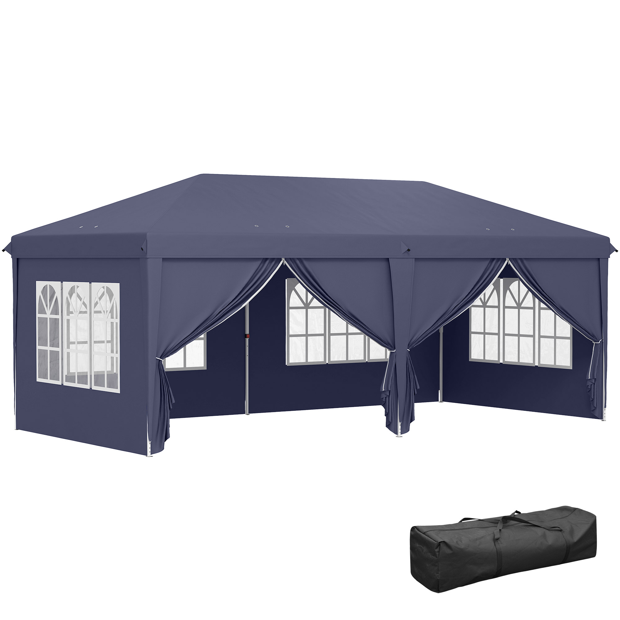 Tenda blu scuro con finestre e borsa per il trasporto.