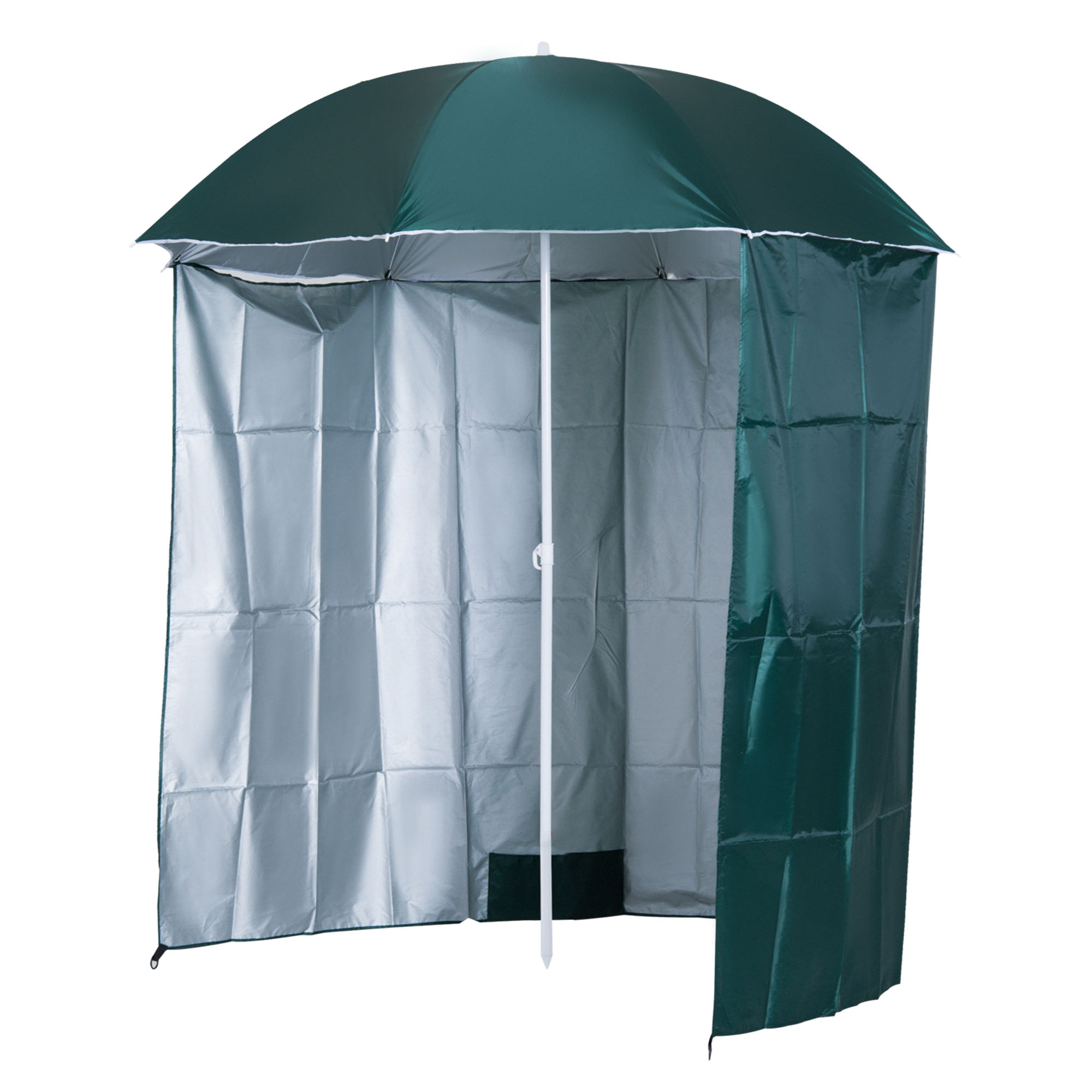 Una tenda pop-up verde con interno argentato, su sfondo bianco.