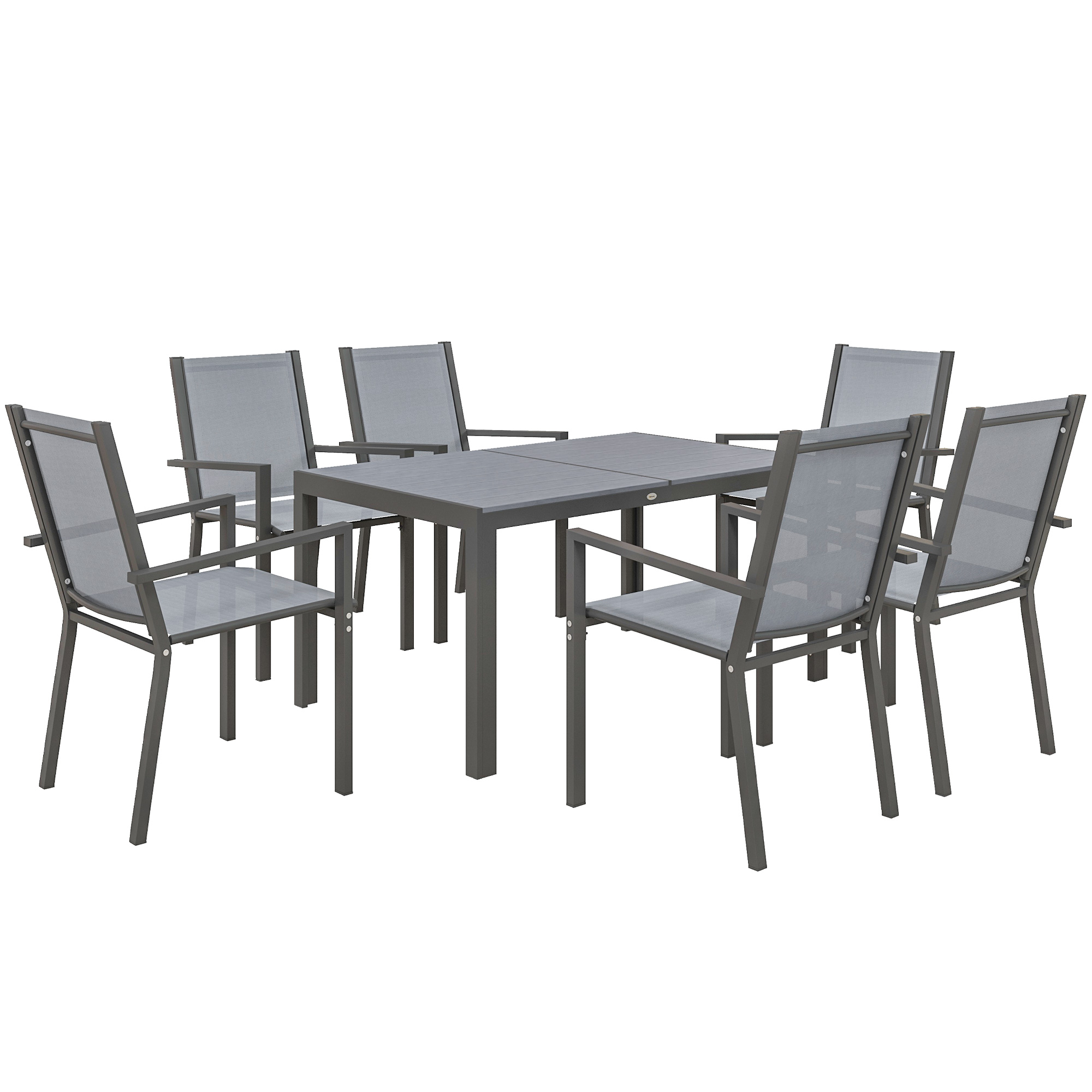 Un set da pranzo da esterno grigio con tavolo e sei sedie, in metallo e tessuto.