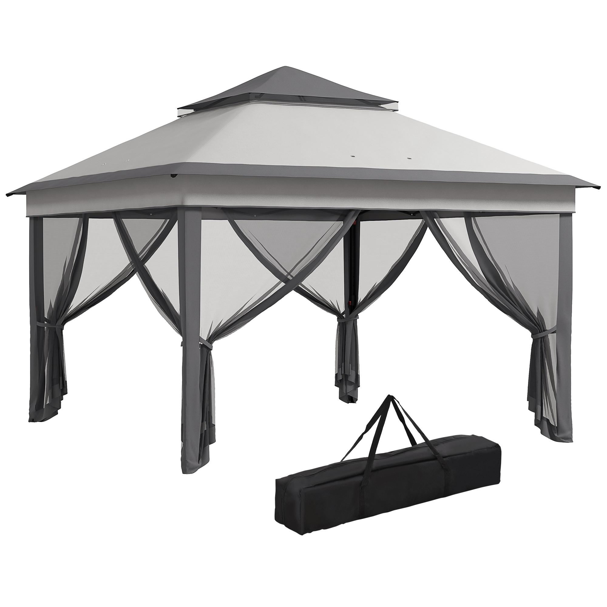 Una pergola grigia con tende a rete e una borsa per il trasporto nera.