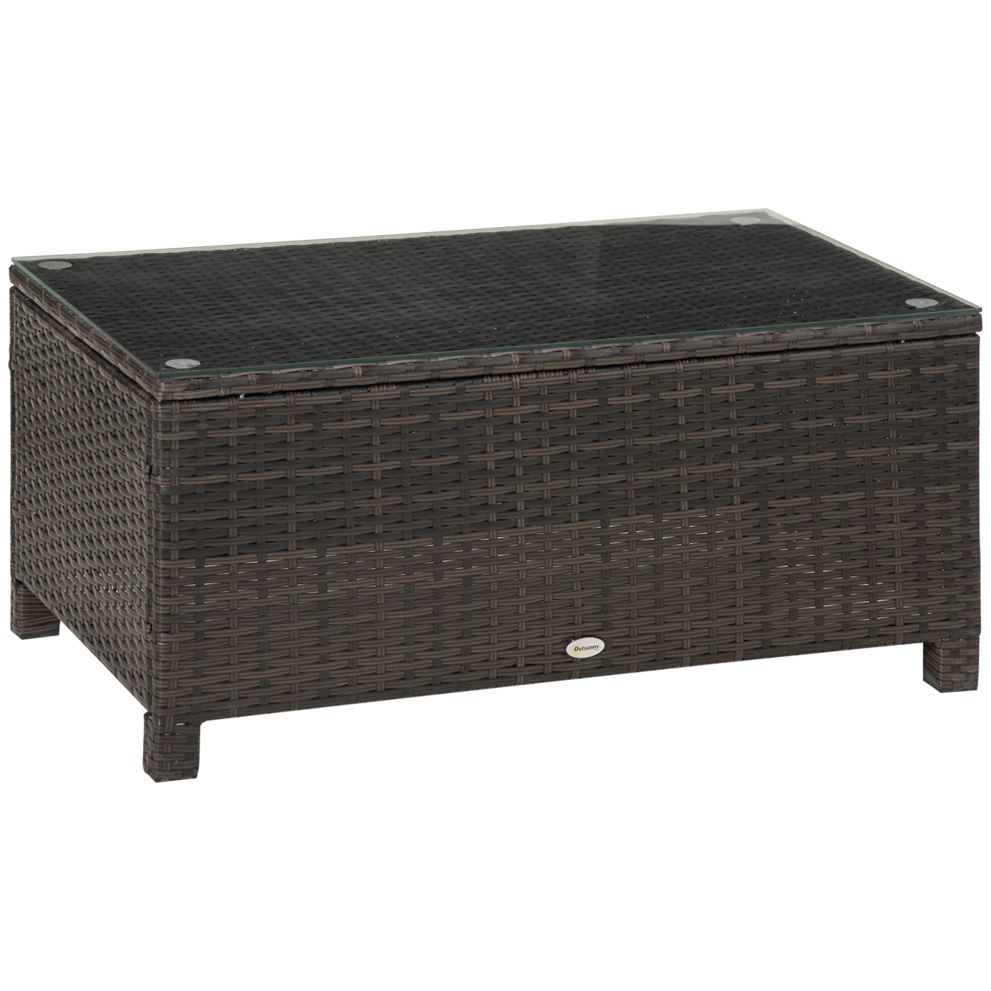 Un tavolino da caffè in rattan marrone con piano in vetro e quattro gambe.
