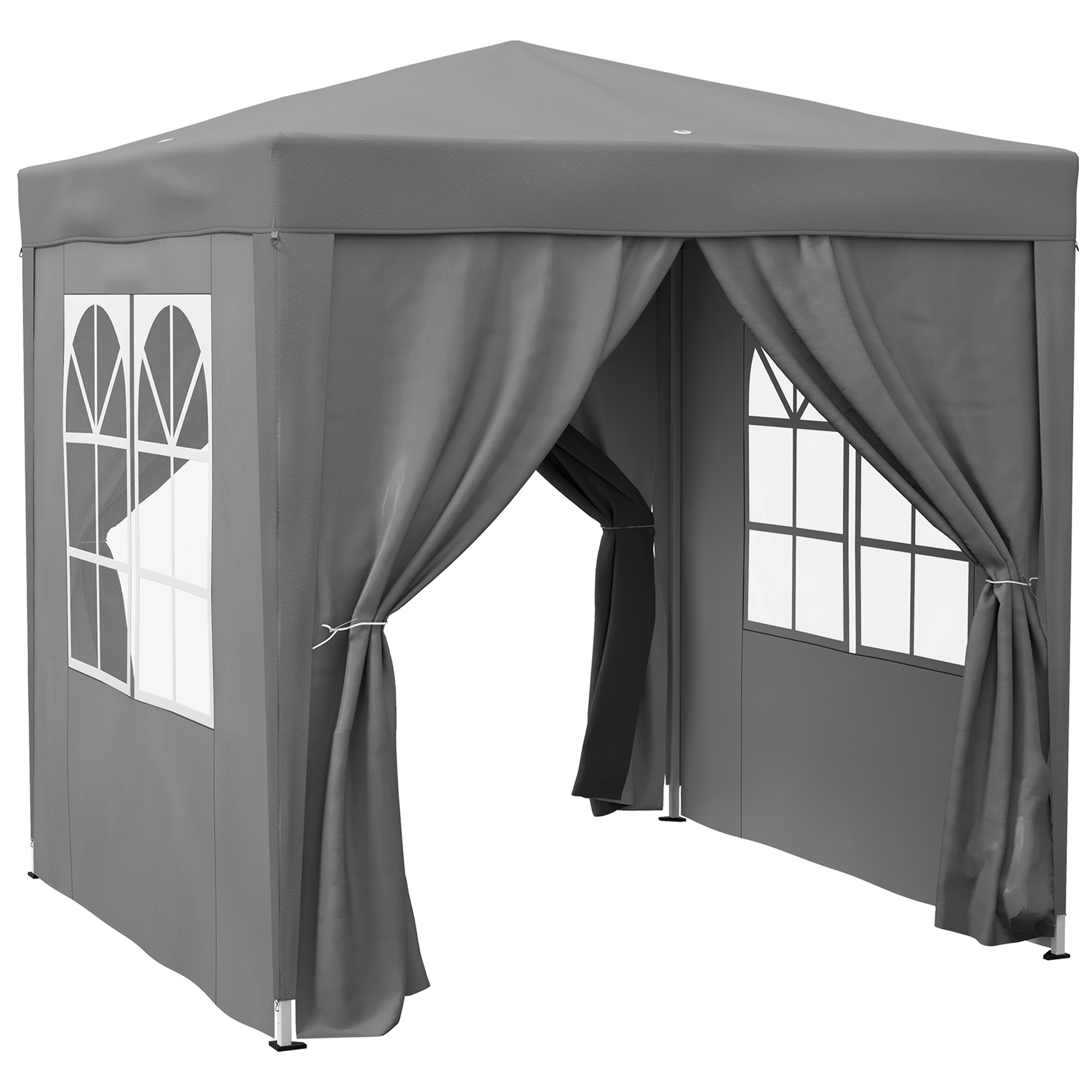 Una tenda gazebo grigia con finestre e tende, mostrata su sfondo bianco.