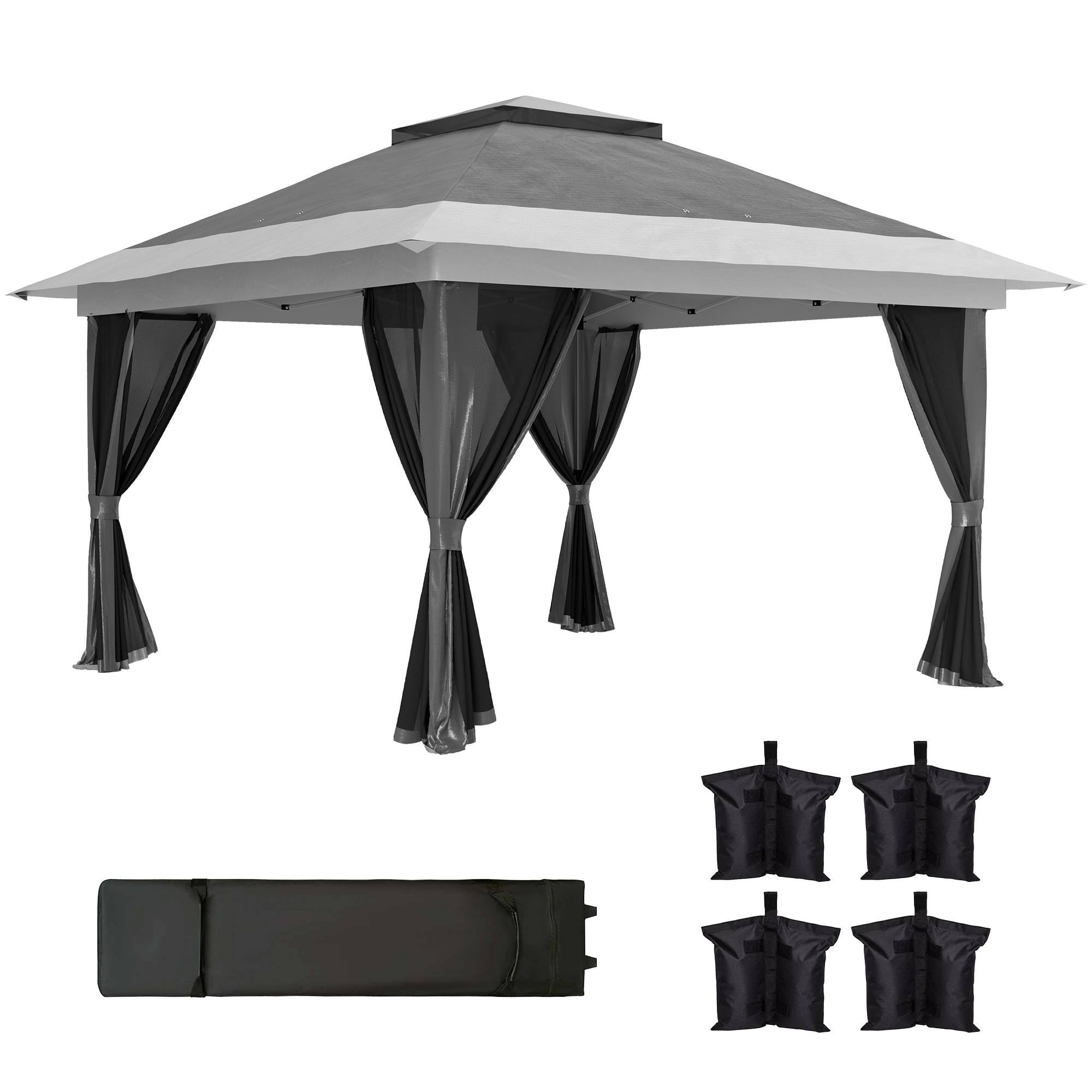 Una tenda da giardino grigia con tende nere e quattro sacchi di peso.