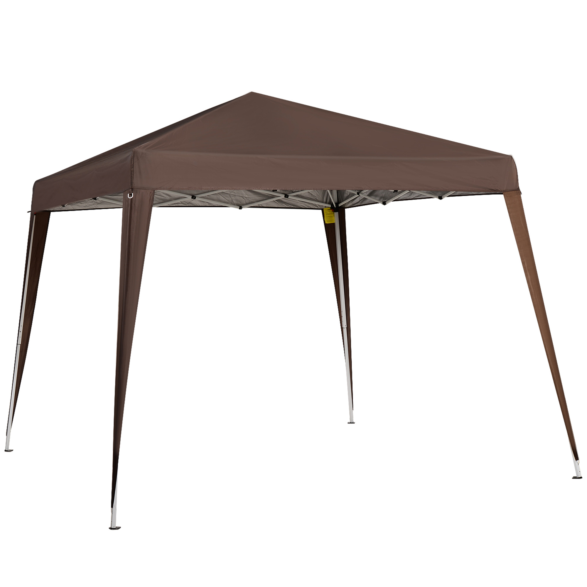 Una tenda marrone pop-up con telaio in metallo e quattro gambe.