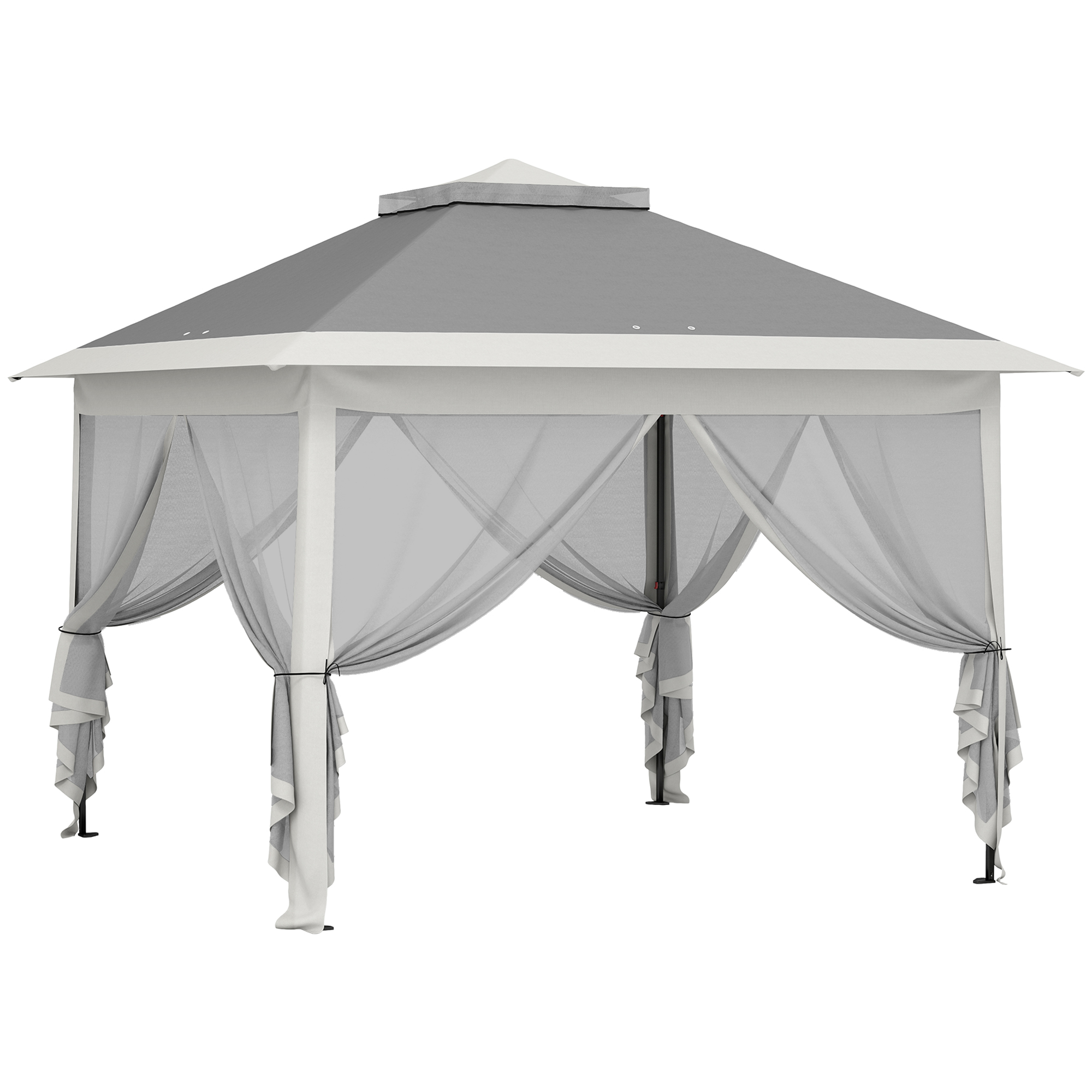 Un gazebo grigio con supporti bianchi e tende trasparenti.