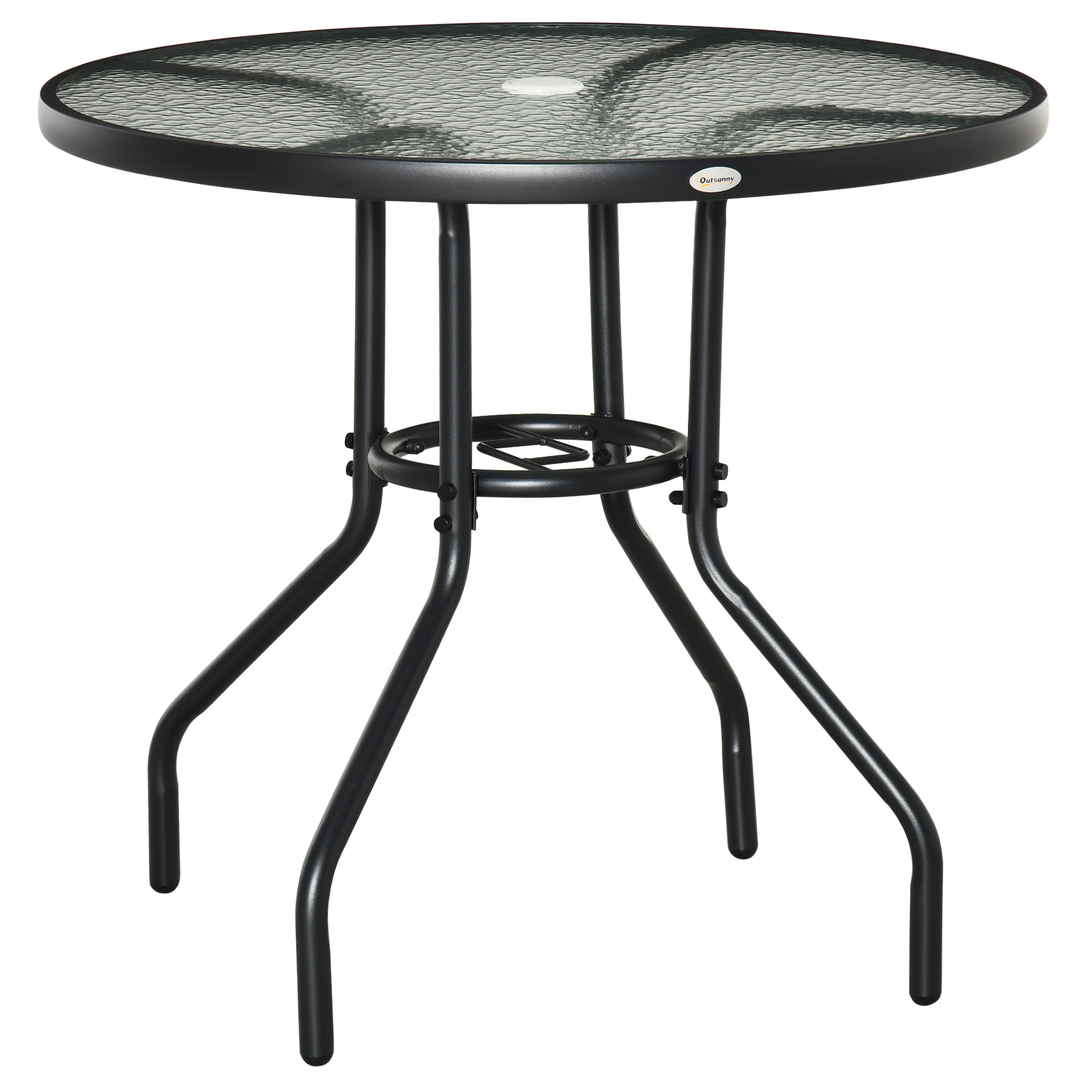 Tavolo rotondo da esterno con base in metallo nero e piano in vetro.