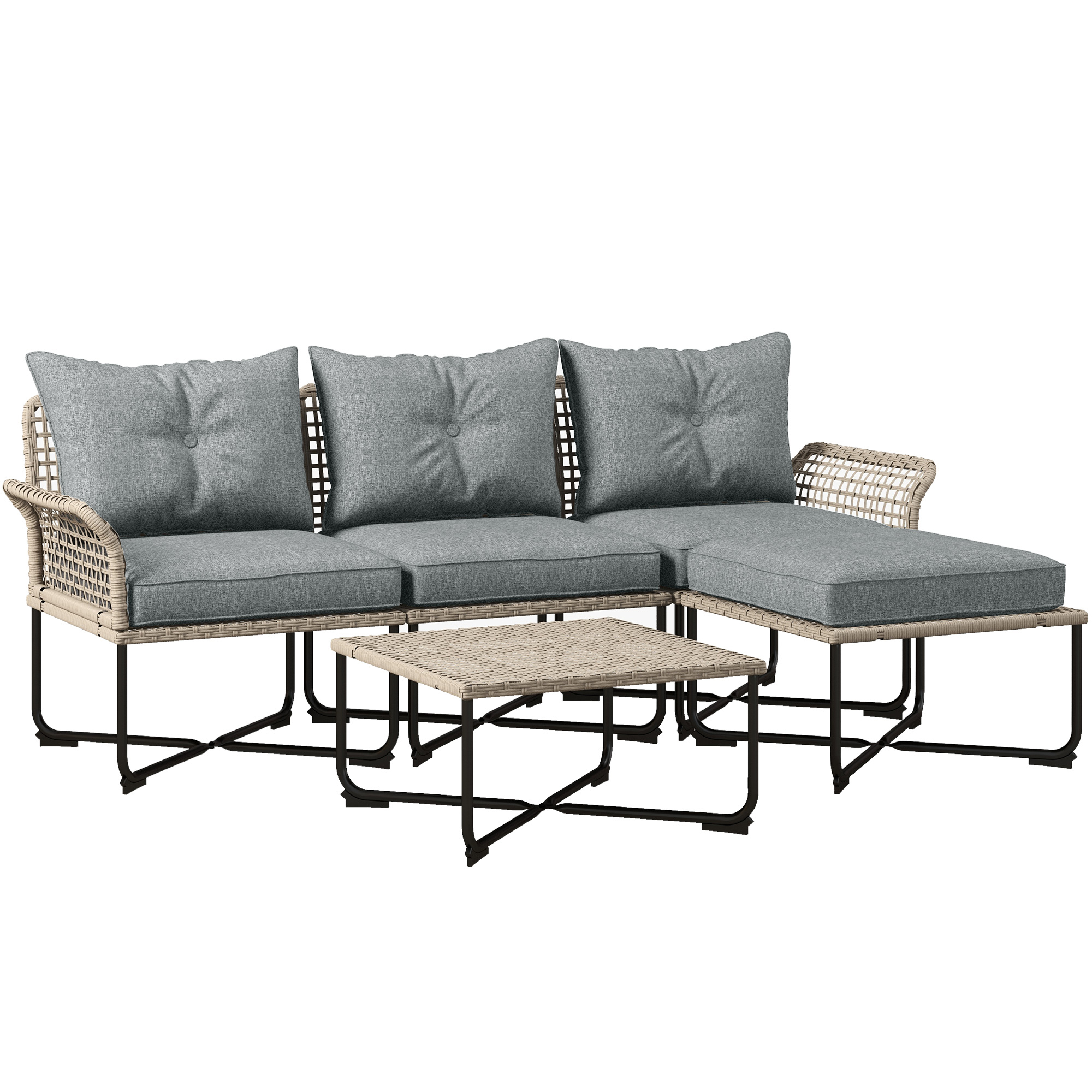 Divano componibile in rattan grigio con chaise longue e tavolino su sfondo bianco.