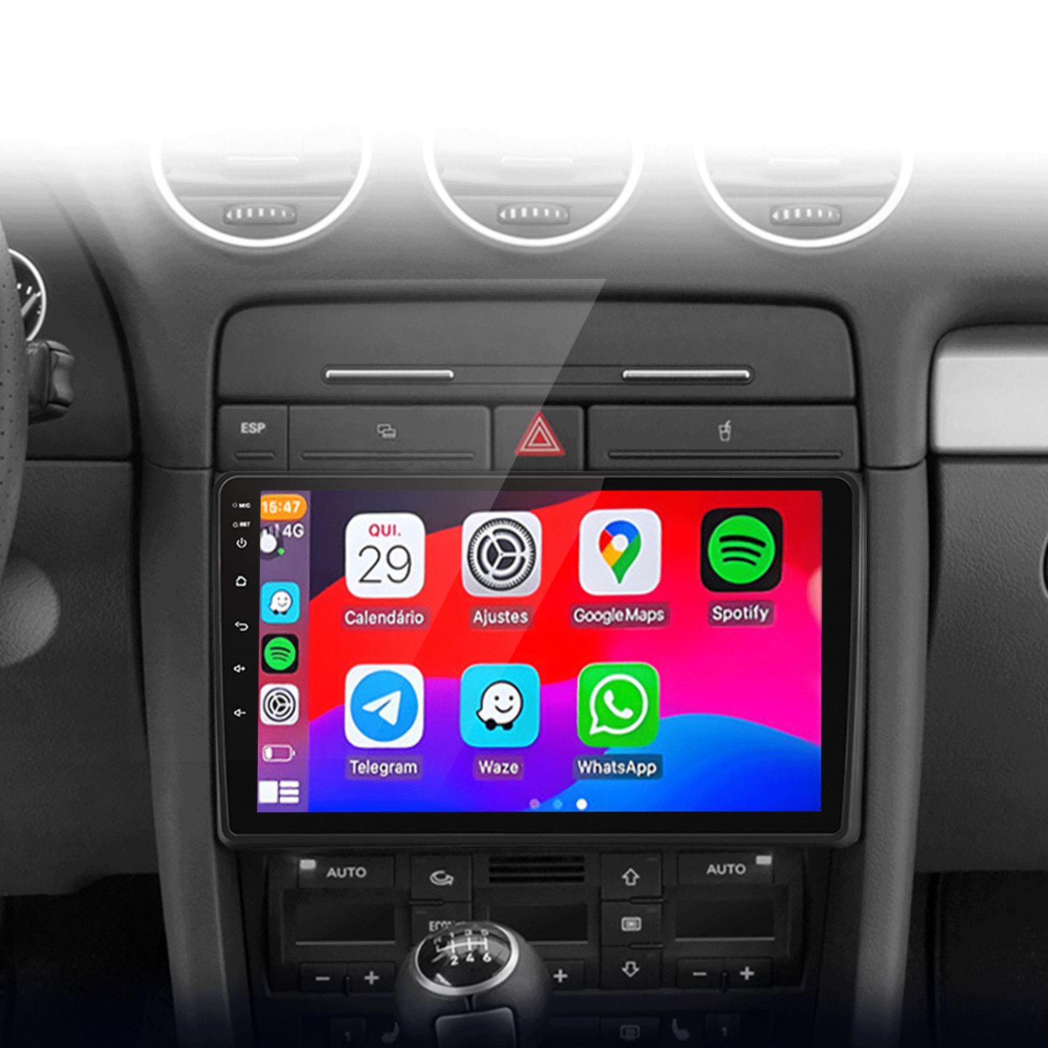 System infotainment samochodu wyświetlający aplikacje takie jak Kalendarz, Mapy Google i Spotify.