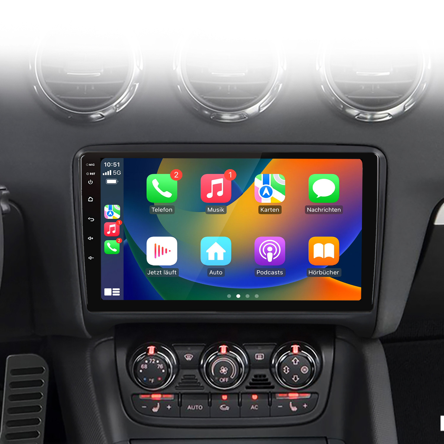 Sistema di infotainment per auto con icone di app e controlli climatici sullo schermo.