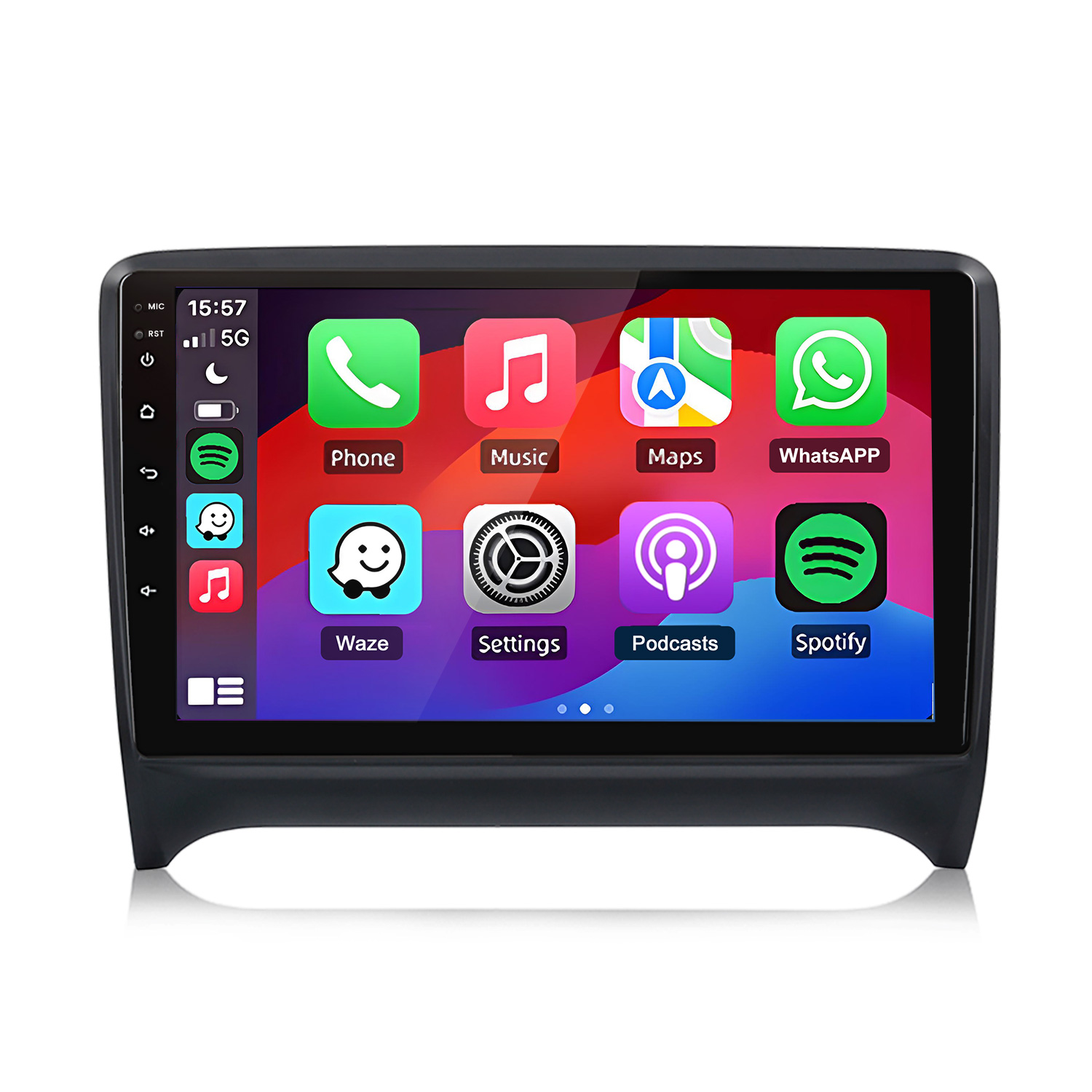 Lo schermo di un autoradio mostra le icone delle app Telefono, Musica, Mappe e WhatsApp.
