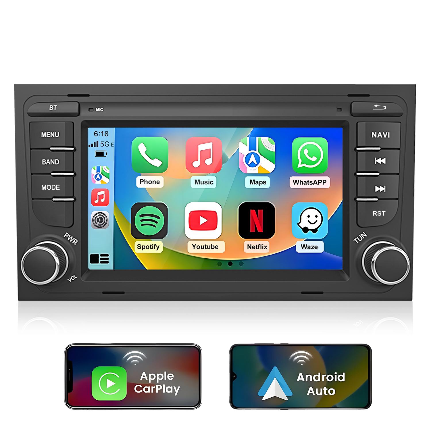 Autoradio con touchscreen mostra app del telefono come Spotify, Netflix, WhatsApp.
