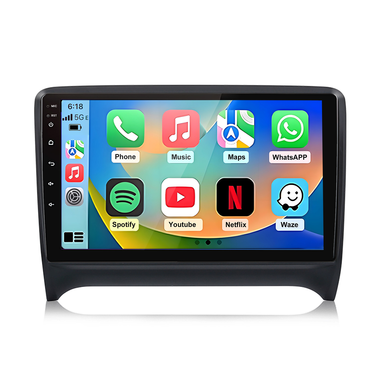 Schermo touch autoradio con icone app: Telefono, Musica, Mappe, WhatsApp, Spotify, YouTube, Netflix, Waze.
