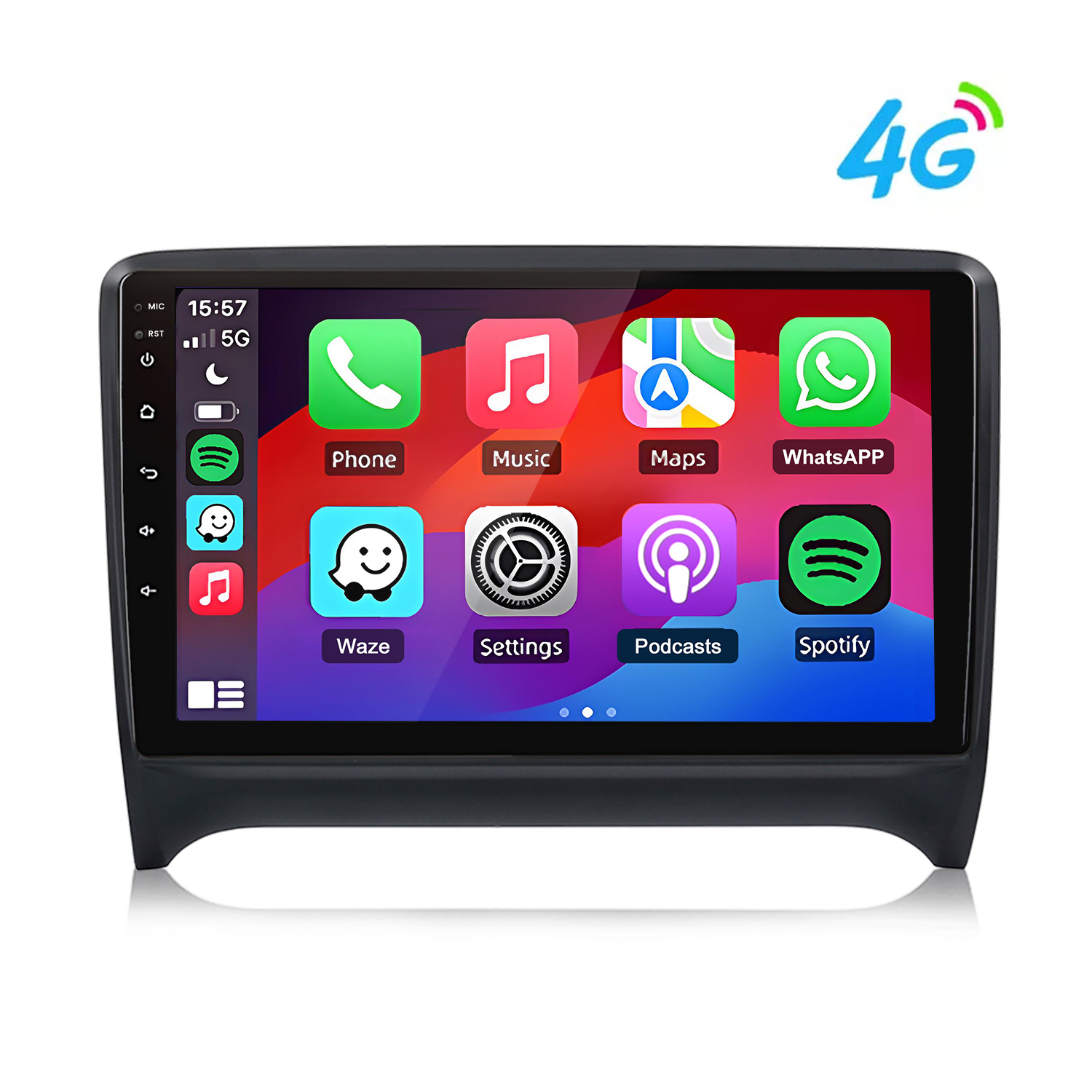 Uno schermo autoradio mostra icone app: Telefono, Musica, Mappe e WhatsApp.